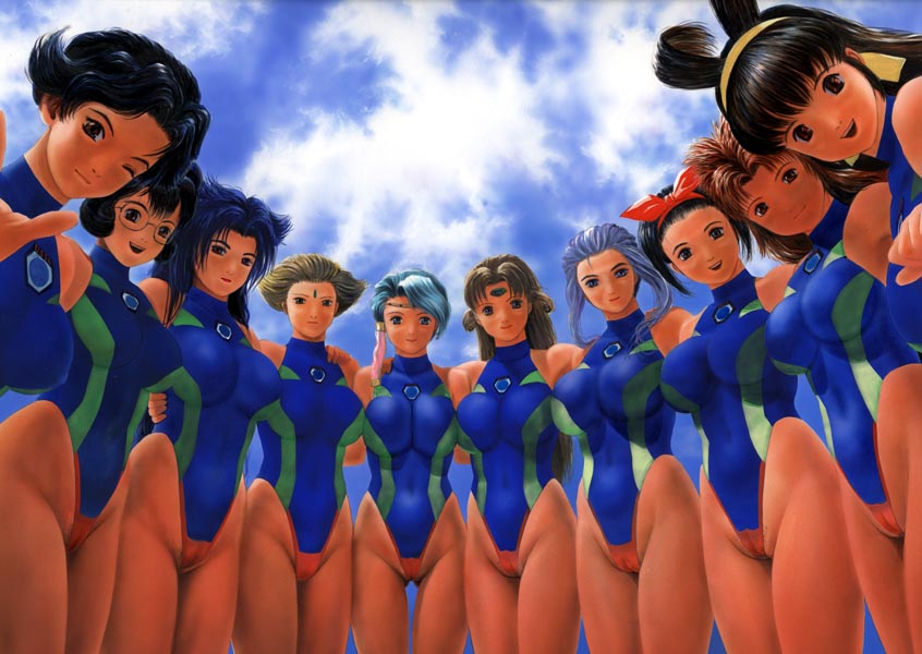 miwa tamao, anna respighi, anna respighi (female), ayla v roznovsky, jessie gurtland, kanzaki akari, kris christopher, lahrri feldnut, mylandah arkar walder, tanya natdhipytadd, wong lio-pha, yanagida ichino, battle athletes, 6+girls, :d, antenna hair, black hair, blonde hair, blue hair, breasts, brown hair, cameltoe, circlet, cloud, competition swimsuit, day, everyone, facial mark, female focus, forehead mark, glasses, hair ornament, hair ribbon, hairband, highleg, highleg one-piece swimsuit, hug, impossible clothes, large breasts, lineup, long hair, m/, multiple girls, one-piece swimsuit, one eye closed, open mouth, outdoors, ribbon, short hair, skin tight, sky, smile, standing, swimsuit, take your pick, tan, thigh gap, thighs, wink