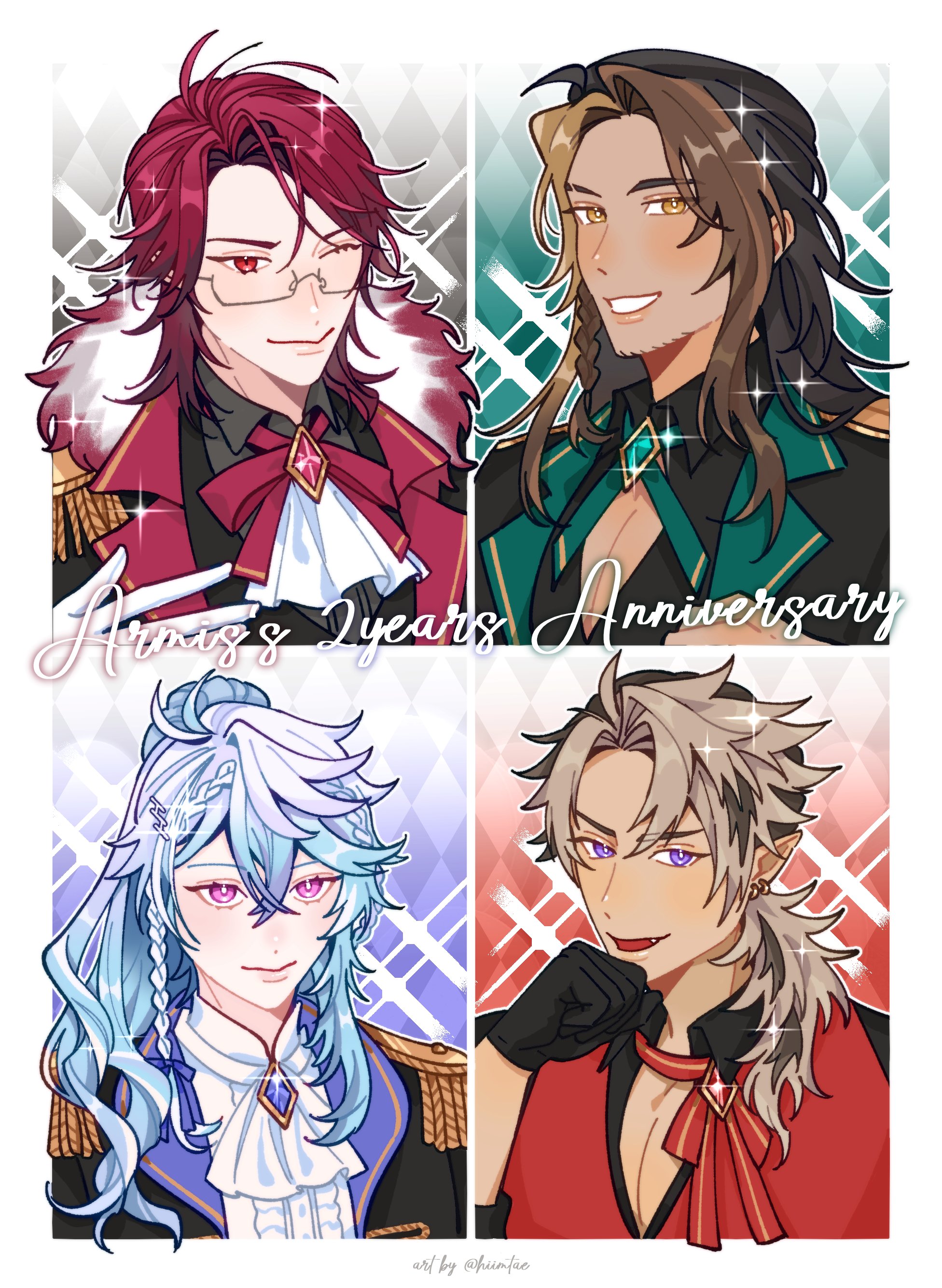 hiimtae sb, crimzon ruze, goldbullet, jurard t rexford, octavio, holostars, holostars english, absurdres, highres, 4boys, anniversary, antenna hair, argyle background, ascot, beard stubble, black gloves, black shirt, blue background, blue gemstone, blue hair, blush, bow, bowtie, braid, brown hair, cleavage cutout, clothing cutout, coat, collared shirt, curtained hair, dark-skinned male, dark skin, diamond-shaped brooch, english text, epaulettes, facial hair, fang, frilled shirt, frills, fur-trimmed coat, fur trim, gem, glasses, gloves, green background, green bow, green bowtie, green gemstone, grey background, grin, holoarmis, lapels, light blush, long hair, low ponytail, male focus, multicolored hair, multiple boys, notched lapels, one eye closed, open mouth, outline, pectoral cleavage, pectorals, pink eyes, pointy ears, ponytail, portrait, purple eyes, red background, red bow, red bowtie, red eyes, red gemstone, red hair, red vest, shawl lapels, shirt, side braid, smile, sparkle, sparkle background, stubble, two-tone hair, vest, virtual youtuber, white ascot, white gloves, white outline, white shirt, yellow eyes