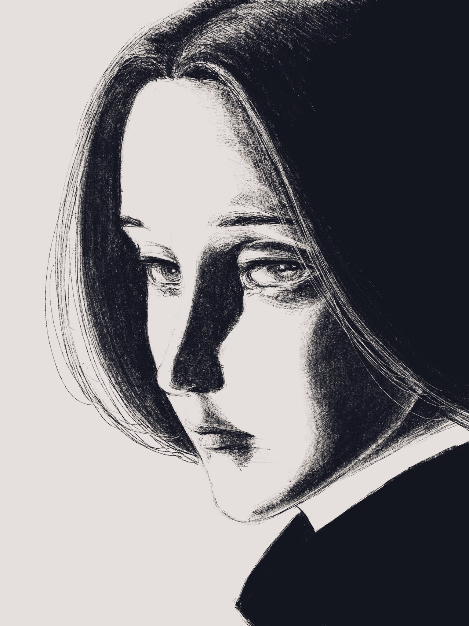 tp p pt, original, highres, 1girl, black hair, black outline, from side, greyscale, long hair, looking at viewer, looking to the side, monochrome, outline, portrait, shadow, solo, white background