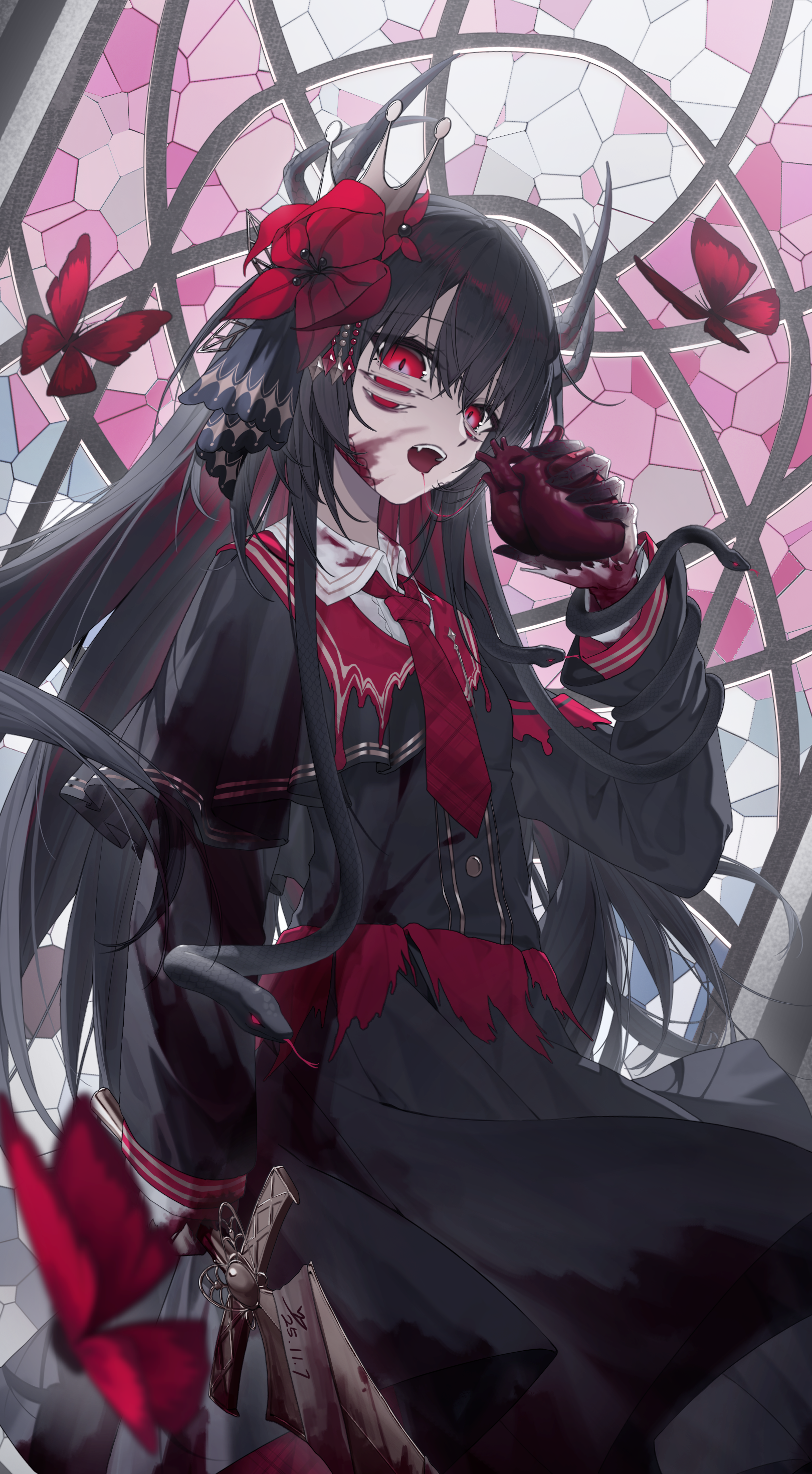 yuwenyueyao, nikaido hiro, mahou shoujo no majo saiban, absurdres, chinese commentary, commentary request, highres, spoilers, 1girl, armband, black capelet, black hair, black shirt, black skirt, blood, blood on face, bug, butterfly, capelet, collared shirt, extra eyes, extra horns, fangs, flower, hair flower, hair ornament, heart (organ), holding, holding heart (organ), holding sword, holding weapon, insect, long hair, long sleeves, looking at viewer, necktie, open mouth, red armband, red butterfly, red eyes, red flower, red necktie, shirt, skirt, snake hair, stained glass, standing, sword, torn clothes, torn shirt, weapon, witch (manosaba)