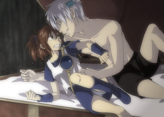 koge, moonlight 0423, arle nadja, schezo wegey, madou monogatari, puyopuyo, silver hair, md5 mismatch, resolution mismatch, source smaller, 1boy, 1girl, blue skirt, boots, brown eyes, brown hair, evil grin, evil smile, eye contact, grin, half updo, headband, long hair, looking at another, panties, pantyshot, scared, shorts, skirt, smile, tank top, tears, underwear, wristband, you gonna get raped