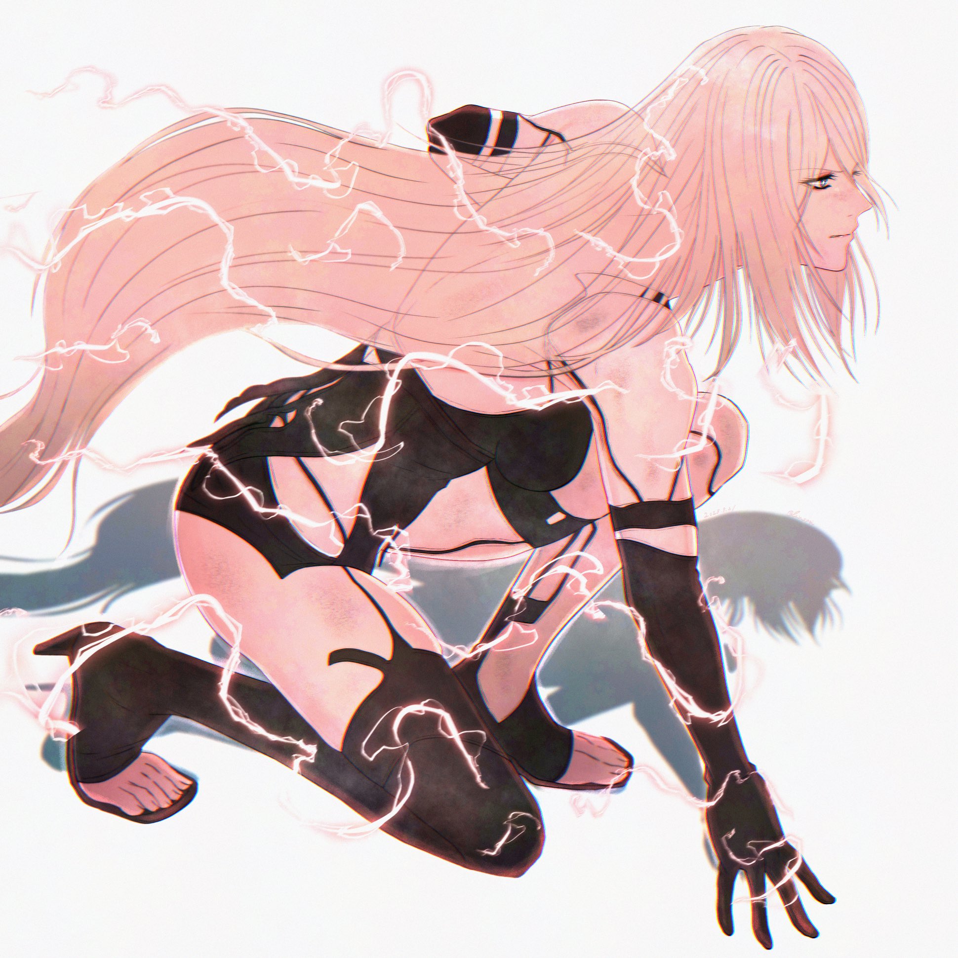 lux spei, a2 (nier:automata), nier:automata, nier (series), highres, 1girl, bare shoulders, black boots, black gloves, black shirt, black shorts, boots, breasts, closed mouth, elbow gloves, electricity, fighting stance, furrowed brow, gloves, hair over one eye, long hair, medium breasts, micro shorts, on one knee, open-toe boots, pink hair, shirt, shorts, solo, thigh boots, white background