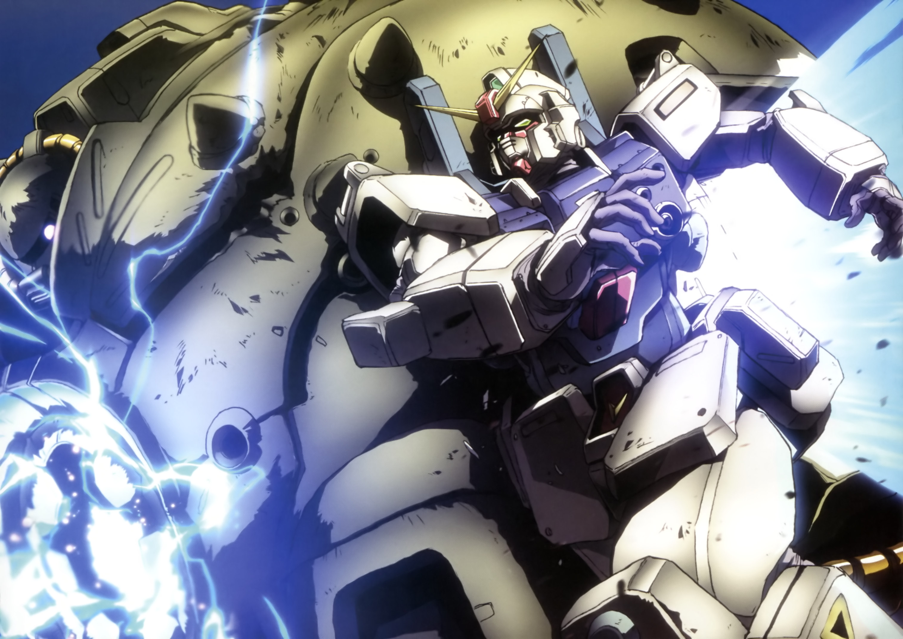 apsalus, apsalus ii, ground gundam, gundam, gundam 08th ms team, artist request, highres, official art, promotional art, scan, traditional media, 1990s (style), battle, beam cannon, cable, chest cannon, dirty, duel, earth federation, energy, firing, glowing, green eyes, gundam perfect file, machinery, mecha, mecha focus, mobile armor, mobile suit, no humans, one-eyed, retro artstyle, robot, scene reference, science fiction, v-fin, zeon