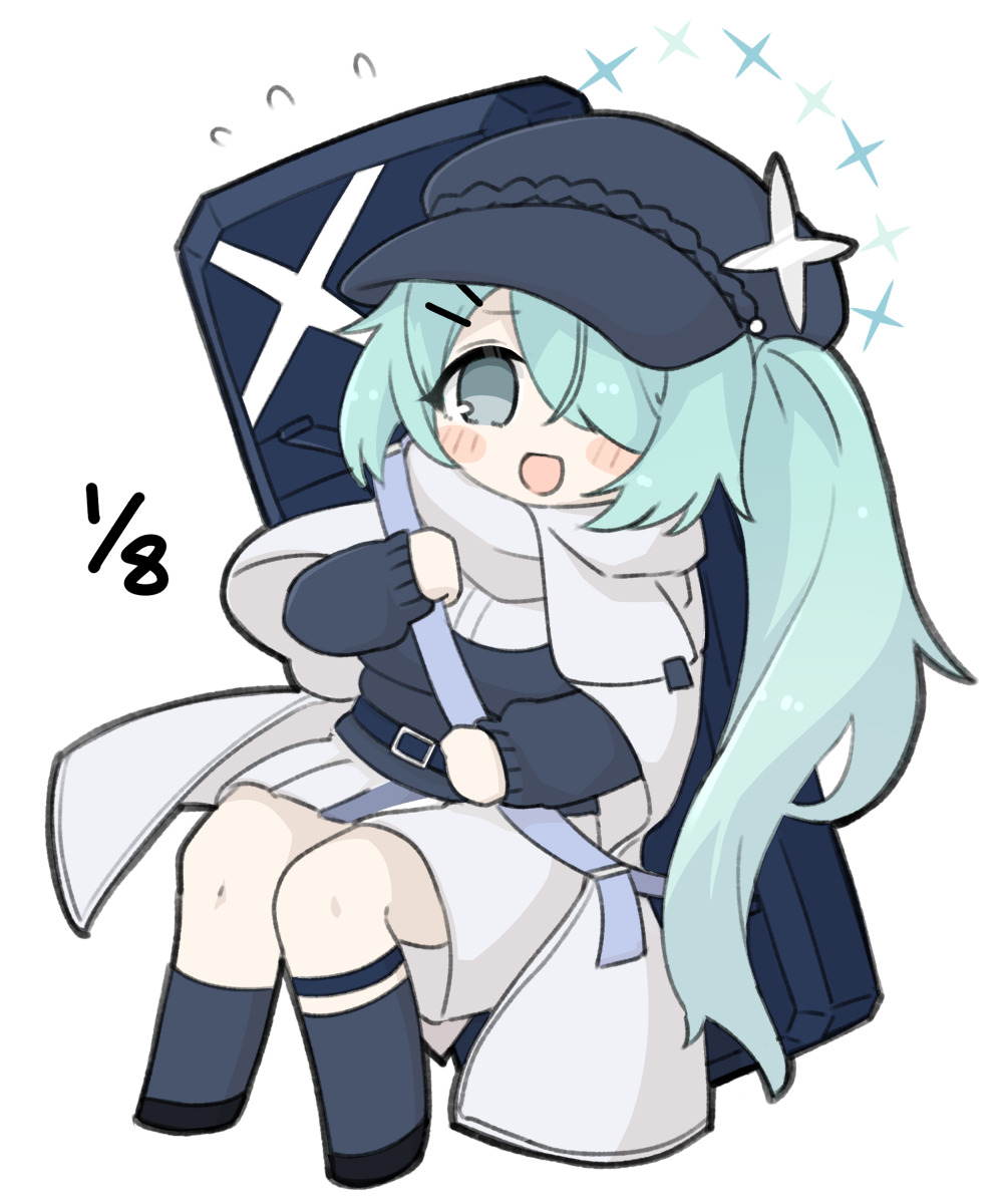 miranofuudoria, hiyori (blue archive), blue archive, highres, 1girl, :d, black hat, black shoes, black socks, black sweater, blue hair, blush stickers, chibi, dated, flying sweatdrops, full body, grey eyes, grey scarf, hair over one eye, halo, hat, long hair, long sleeves, looking at viewer, newsboy cap, open mouth, pleated skirt, puffy long sleeves, puffy sleeves, scarf, shoes, side ponytail, simple background, skirt, smile, socks, solo, sweater, very long hair, white background, white skirt