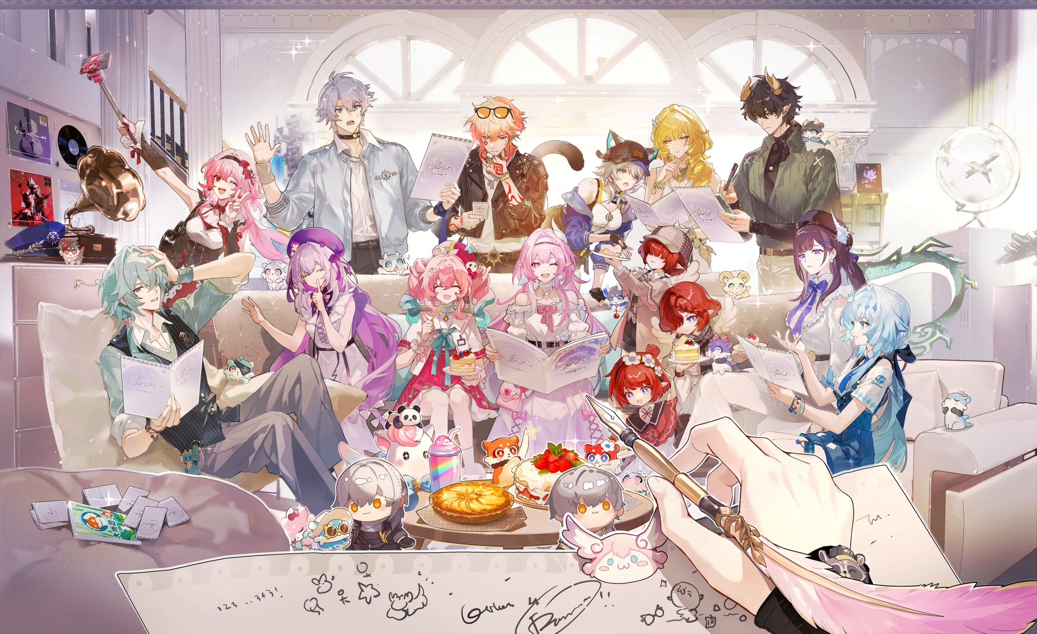 xiniu kuangben bawanli, aglaea (honkai: star rail), anaxa (honkai: star rail), caelus (honkai: star rail), castorice (honkai: star rail), cerydra (honkai: star rail), cipher (honkai: star rail), cyrene (honkai: star rail), dan heng (honkai: star rail), dan heng (permansor terrae) (honkai: star rail), evernight (honkai: star rail), hyacine (honkai: star rail), hysilens (honkai: star rail), march 7th (honkai: star rail), mem (honkai: star rail), mydei (honkai: star rail), phainon (honkai: star rail), stelle (honkai: star rail), trailblazer (honkai: star rail), trianne (honkai: star rail), tribbie (honkai: star rail), trinnon (honkai: star rail), honkai: star rail, honkai (series), commentary, english commentary, highres, second-party source, 4boys, 6+girls, alternate costume, animal ears, aqua hair, blonde hair, cat ears, cat girl, cat tail, chrysos heirs (honkai: star rail), closed eyes, closed mouth, couch, food, gradient hair, grey hair, indoors, long hair, looking at another, multicolored hair, multiple boys, multiple girls, on couch, one eye closed, open mouth, pink hair, purple hair, red hair, short hair, smile, tail, twintails, very long hair