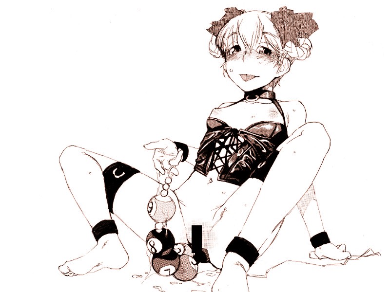 mashimi, shimimaru, 1girl, anal, anal beads, anal object insertion, ball, bar censor, barefoot, billiard ball, blush, bottomless, breasts, breasts apart, bustier, censored, collar, feet, female focus, flat chest, greyscale, knees up, lingerie, looking at viewer, monochrome, nipples, object insertion, remote control vibrator, sex toy, short hair, simple background, sitting, small breasts, solo, spread legs, sweat, tongue, underwear, vibrator, white background