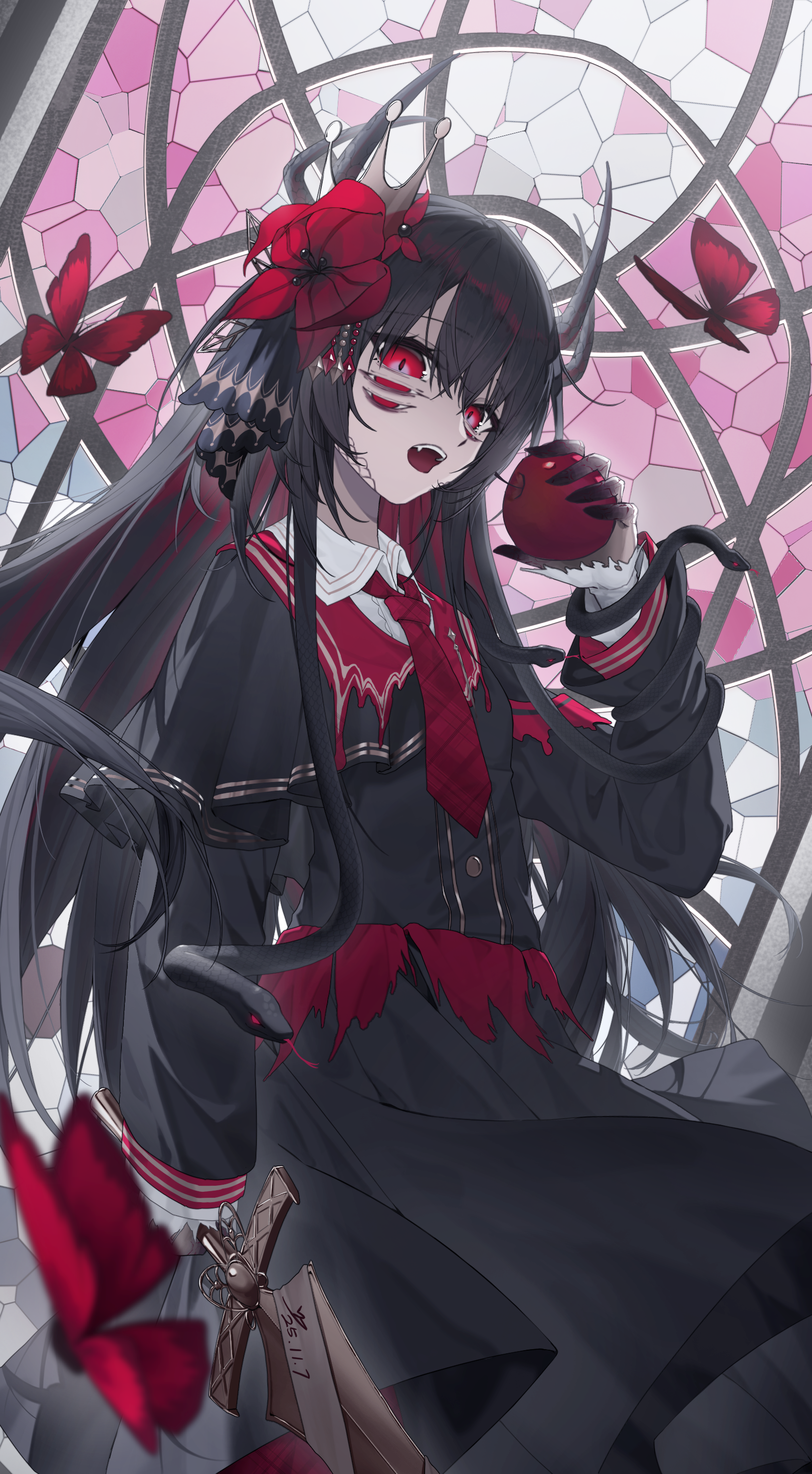 yuwenyueyao, nikaido hiro, mahou shoujo no majo saiban, absurdres, highres, spoilers, 1girl, apple, armband, black capelet, black hair, black shirt, black skirt, bug, butterfly, capelet, collared shirt, extra eyes, extra horns, fangs, flower, food, fruit, hair flower, hair ornament, holding, holding food, holding fruit, holding sword, holding weapon, insect, long hair, long sleeves, looking at viewer, necktie, open mouth, red armband, red butterfly, red eyes, red flower, red necktie, shirt, skirt, snake hair, stained glass, standing, sword, torn clothes, torn shirt, weapon, witch (manosaba)