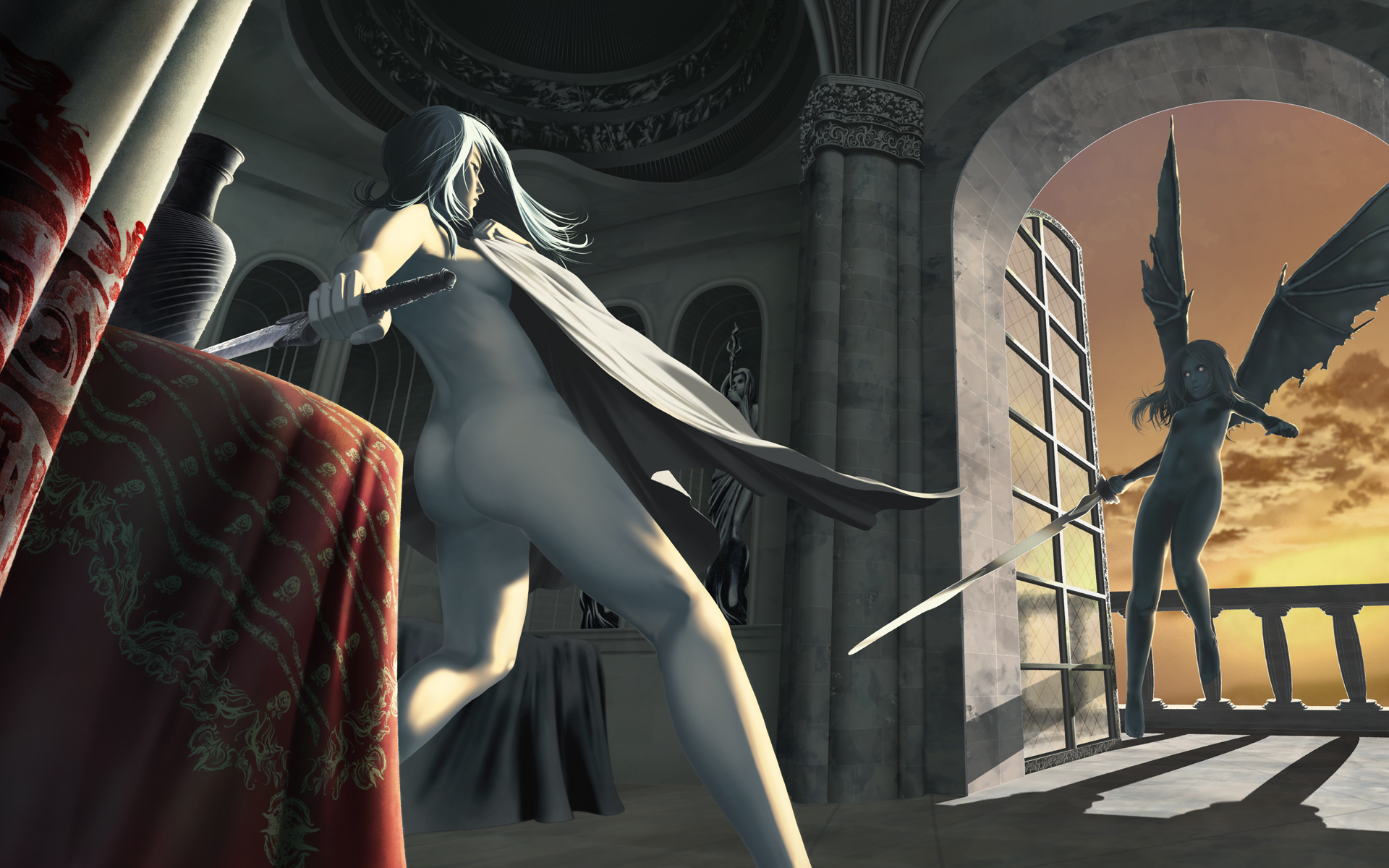 kagijou, kagijou urushi, original, highres, 2girls, ass, balcony, breasts, castle, cloud, colored skin, completely nude, covering privates, dagger, demon wings, flying, glowing, glowing eyes, knife, long hair, medium breasts, multiple girls, navel, nipples, nude, nude cover, sideboob, sky, sunset, sword, vase, weapon, white hair, white skin, wings