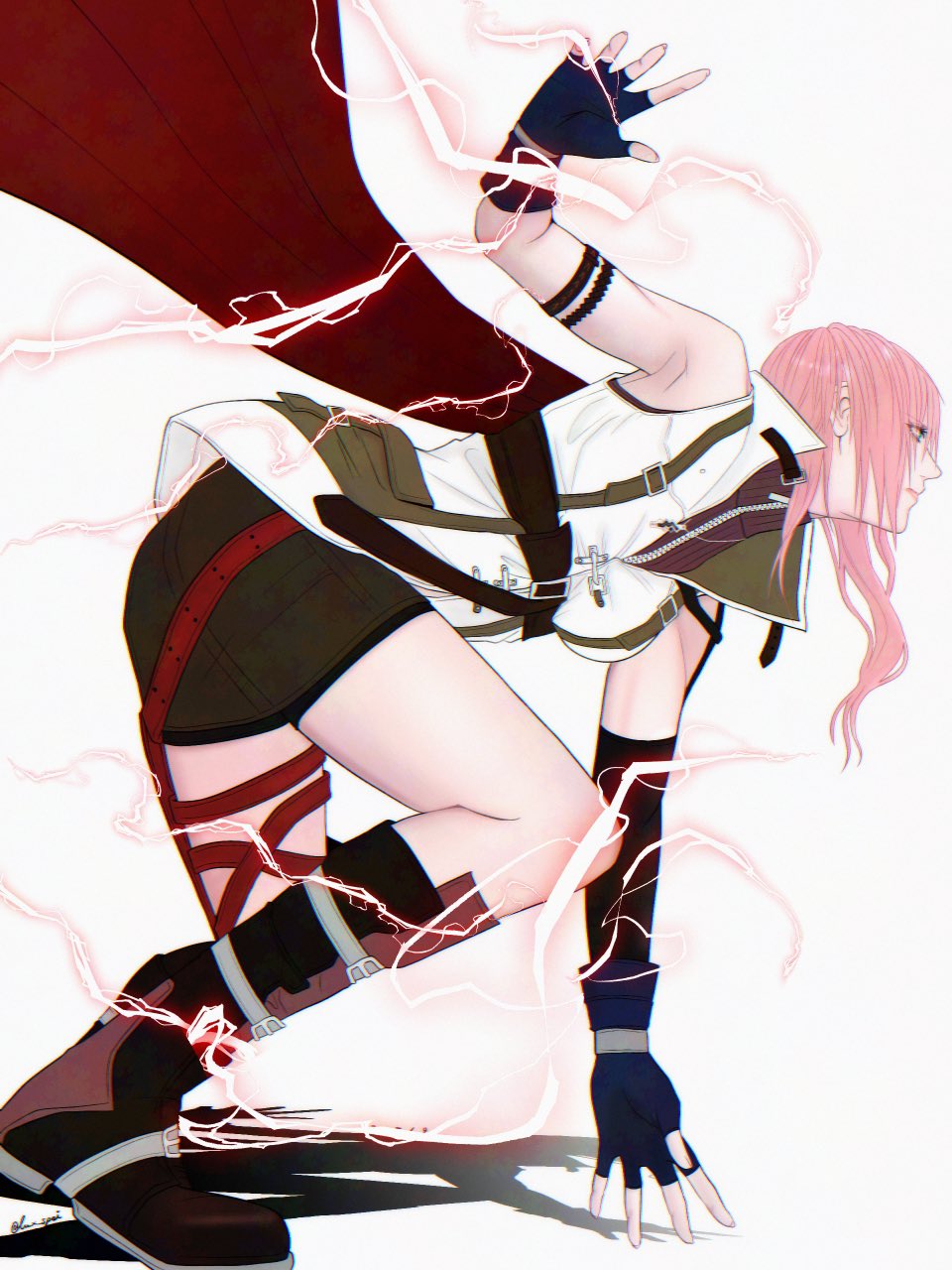 lux spei, lightning farron, final fantasy, final fantasy xiii, highres, 1girl, black boots, black gloves, black shorts, blue gloves, boots, breasts, brown sweater, elbow gloves, electricity, fighting stance, fingerless gloves, gloves, long hair, medium breasts, pink hair, pouch, shorts, single bare shoulder, single elbow glove, sleeveless, sleeveless turtleneck, solo, sweater, thigh pouch, turtleneck, vest, wavy hair, white background, white vest