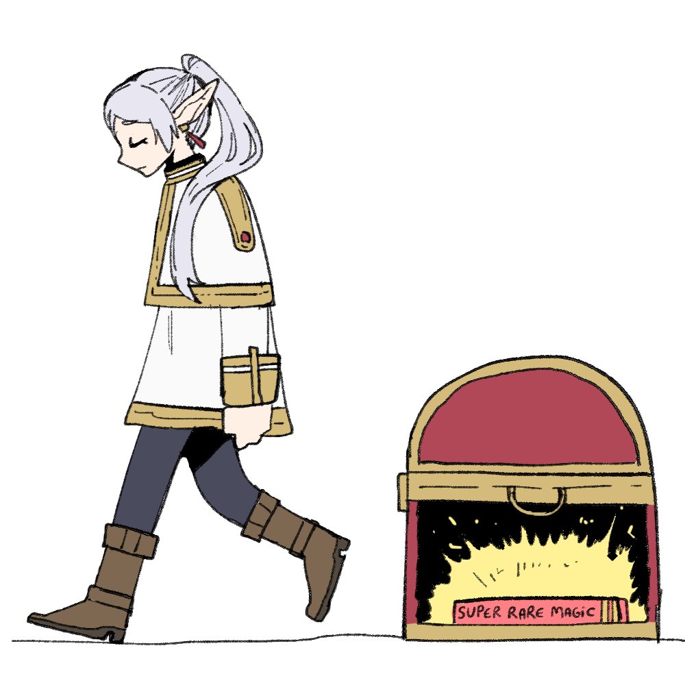 wanderjegson, frieren, sousou no frieren, commentary, english commentary, 1girl, book, boots, brown boots, capelet, closed eyes, digging for diamonds (meme), elf, english text, from side, full body, gold trim, grey hair, grimoire, hair over shoulder, long pointy ears, long sleeves, meme, parted bangs, pointy ears, profile, sad, simple background, solo, treasure chest, walking, white background, white capelet