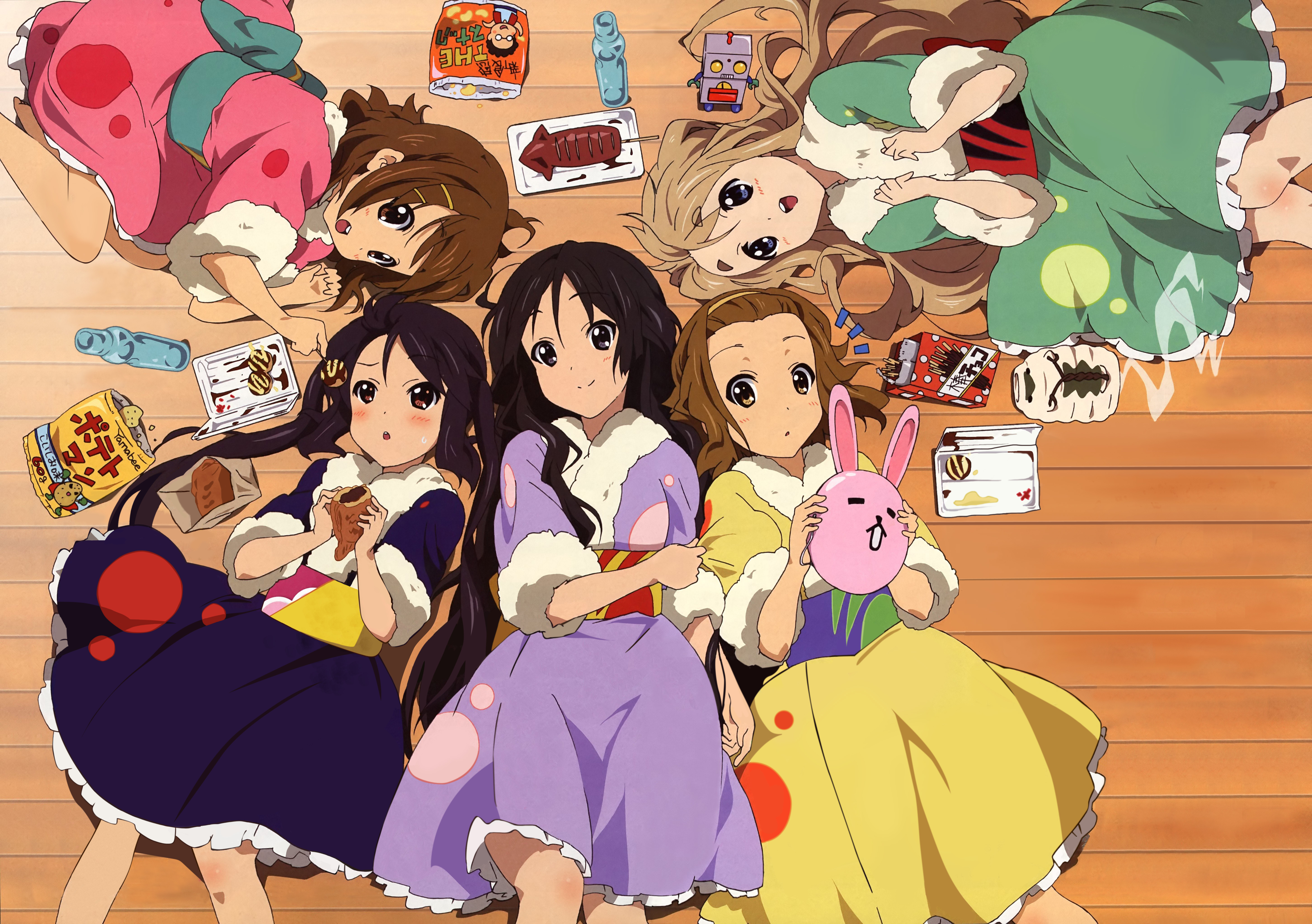 sakamoto kazuya, akiyama mio, hirasawa yui, kotobuki tsumugi, nakano azusa, tainaka ritsu, k-on!, absurdres, detexted, highres, non-web source, official art, third-party edit, 00s, 5girls, barefoot, black eyes, black hair, blonde hair, blue eyes, brown eyes, brown hair, chips (food), drink, food, fur trim, hairband, headband, ho-kago tea time, ikayaki, incense burner, japanese clothes, kayari buta, kimono, long hair, multiple girls, pocky, potato chips, ramune, short hair, taiyaki, takoyaki, twintails, very long hair, wagashi