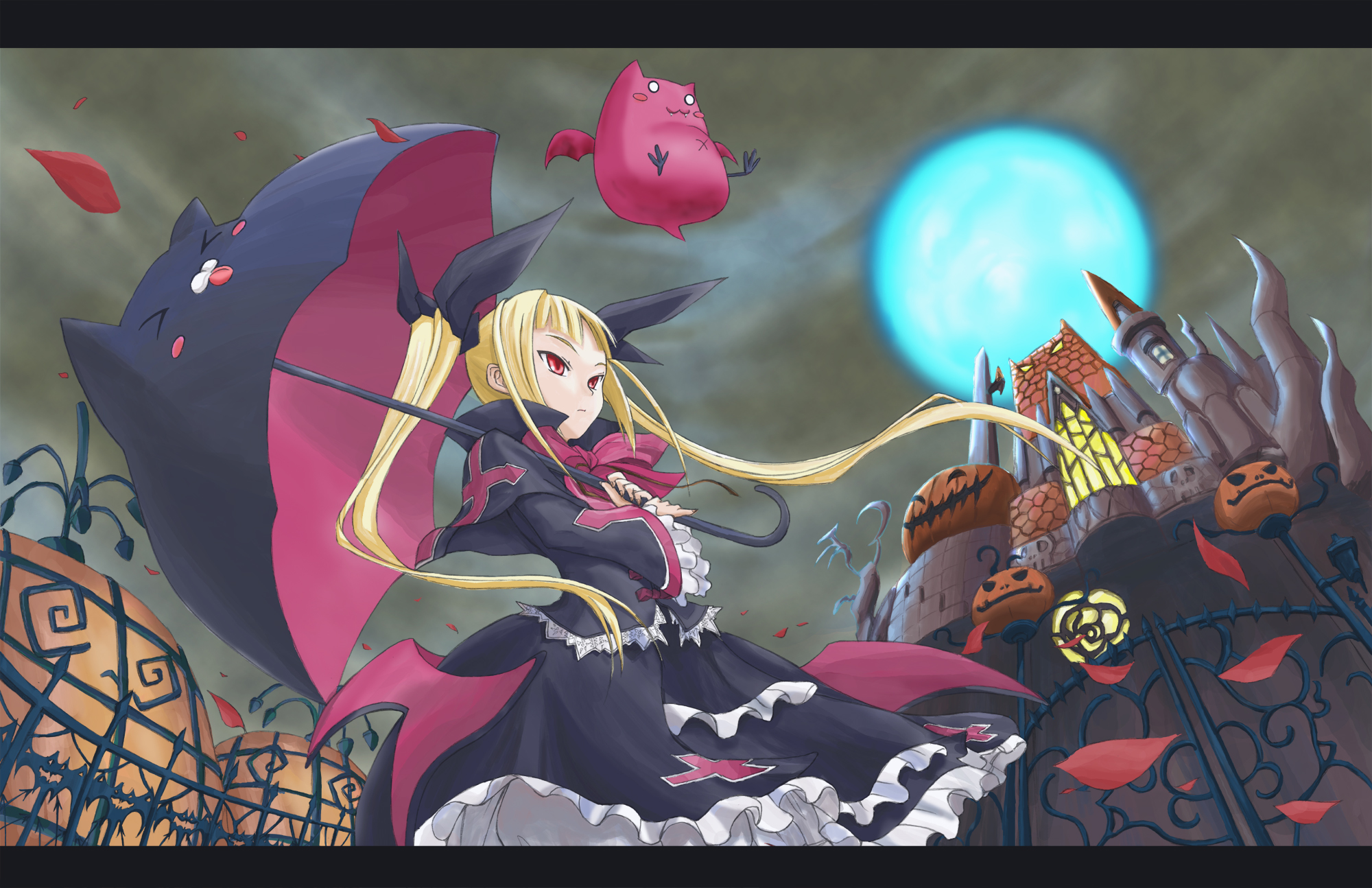 chiita, chiita (0420), gii, nago, rachel alucard, arc system works, blazblue, highres, > <, 1girl, bat (animal), blonde hair, bow, castle, cat, closed eyes, dress, frills, gate, goth fashion, gothic lolita, hair ribbon, halloween, jack-o'-lantern, lolita fashion, long hair, moon, night, parasol, petals, pumpkin, red bow, ribbon, twintails, umbrella, wind