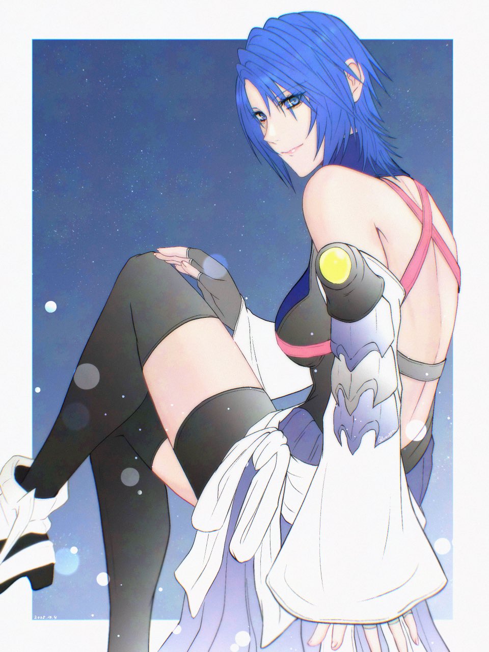 lux spei, aqua (kingdom hearts), kingdom hearts, kingdom hearts birth by sleep, highres, 1girl, backless outfit, black shorts, black thighhighs, blue background, blue eyes, blue hair, boots, border, breasts, chest strap, closed mouth, detached sleeves, feet out of frame, fingerless gloves, floating, gloves, hair between eyes, halterneck, light smile, looking at viewer, medium breasts, medium hair, sash, shorts, solo, thighhighs, waist sash, white boots, white border, white sleeves