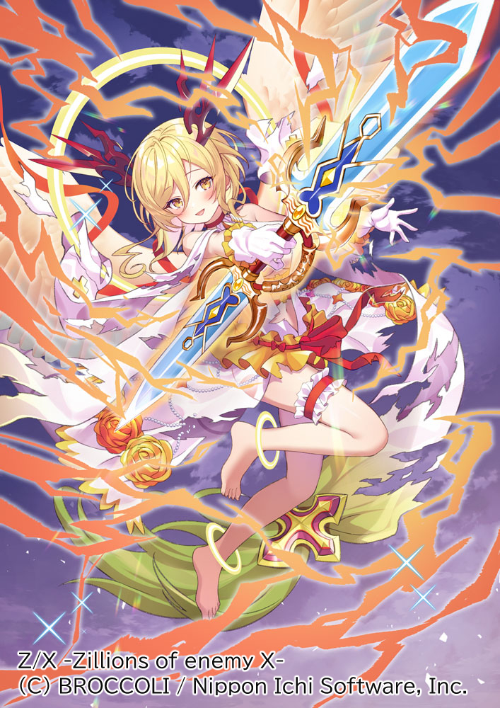 okanoyuno, z/x, official art, 1girl, barefoot, blonde hair, copyright notice, dragon horns, dress, feathered wings, frilled thigh strap, gloves, hair between eyes, holding, holding sword, holding weapon, horns, medium hair, nino (z/x), open mouth, solo, sparkle, sword, thigh strap, weapon, white dress, white gloves, white wings, wings, yellow eyes