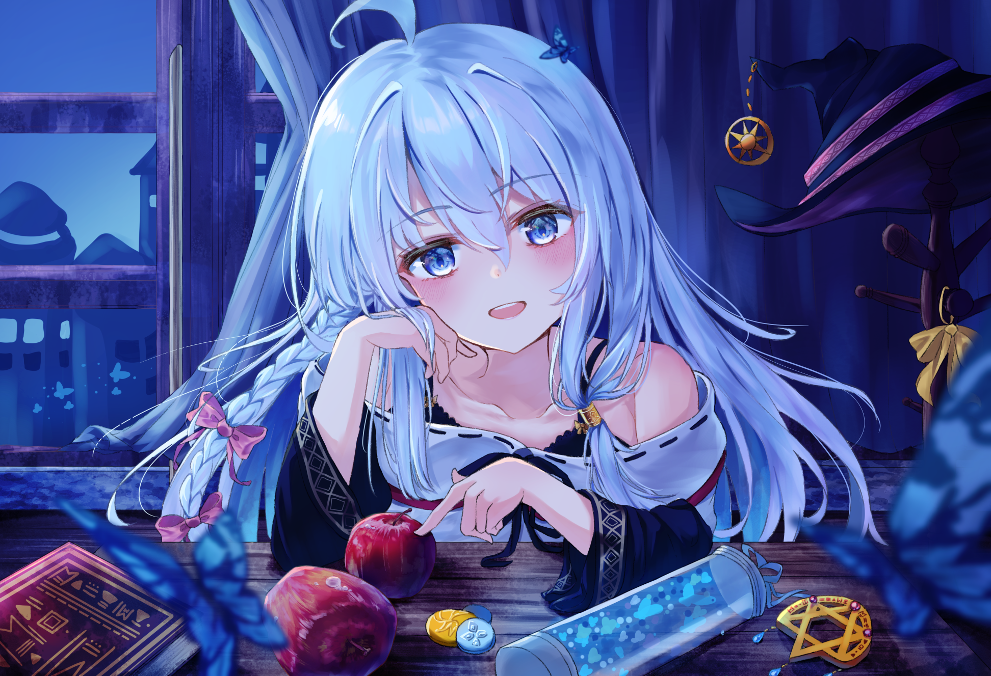 popokki, elaina (majo no tabitabi), majo no tabitabi, highres, 1girl, ahoge, apple, black robe, blush, book, bow, braid, coin, collarbone, food, fruit, gold coin, grey eyes, hair between eyes, hair bow, hat, indoors, long hair, long sleeves, looking at viewer, open mouth, pink bow, robe, side braid, smile, solo, window, witch hat
