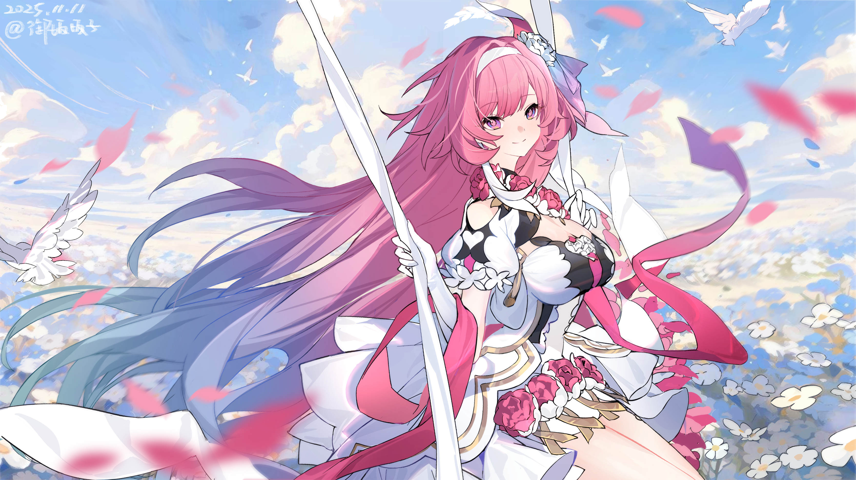 yubanbanzi, cyrene (honkai: star rail), cyrene (ripples of past reverie) (honkai: star rail), honkai: star rail, honkai (series), absurdres, character request, check character, highres, 1girl, alternate costume, alternate design, artist name, bare shoulders, blue hair, blue sky, breasts, cleavage, closed mouth, clothing cutout, cloud, cloudy sky, dated, day, dress, field, flower, flower field, gloves, gradient hair, hairband, large breasts, long hair, looking at viewer, multicolored hair, on swing, pink hair, purple eyes, shoulder cutout, sitting, sky, smile, solo, swing, thighs, very long hair, white dress, white flower, white gloves, white hairband