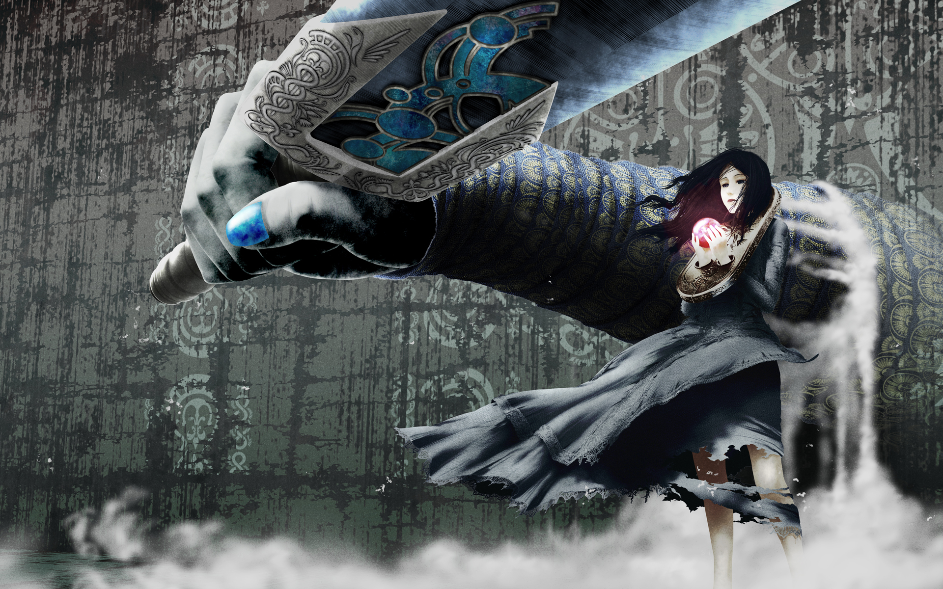 kagijou, kagijou urushi, original, highres, 1girl, black eyes, black hair, blue nails, crystal ball, dress, fantasy, female focus, giant, giantess, huge weapon, long hair, nail polish, solo, sword, weapon