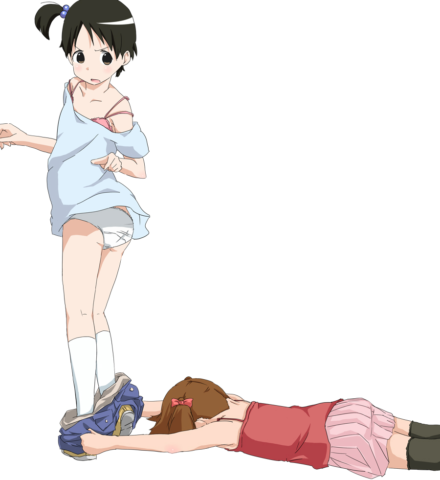 kotera (koterabyte), itou chika, matsuoka miu, ichigo mashimaro, 2girls, ass, assisted exposure, black eyes, black hair, bow, brown eyes, brown hair, camisole, clothes pull, fall, falling, loli, multiple girls, panties, pants, pants pull, parody, pulling another's clothes, short hair, side ponytail, skirt, socks, thighhighs, twintails, underwear, zettai ryouiki
