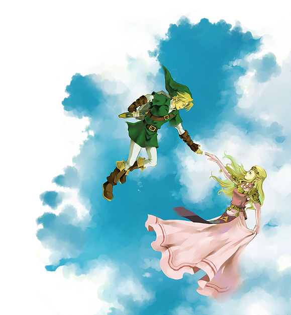 link, princess zelda, nintendo, the legend of zelda, 1boy, 1girl, blonde hair, blue eyes, couple, gloves, hat, hetero, long hair, pointy ears, sheath, shield, shield on back, skirt hold, sky, smile, tiara