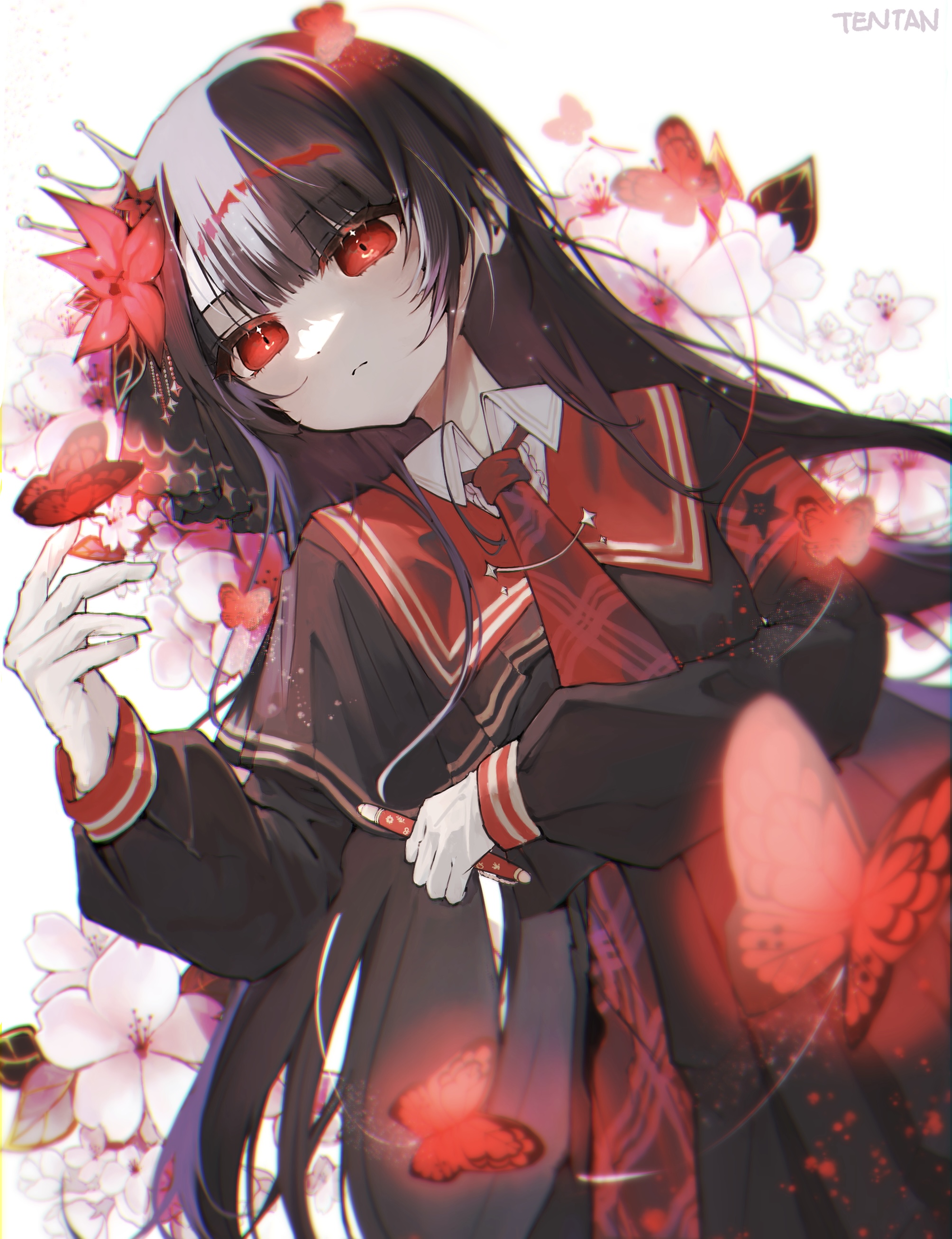 nikaido hiro, mahou shoujo no majo saiban, absurdres, commentary request, highres, 1girl, armband, artist name, black hair, black shirt, black skirt, bug, butterfly, butterfly on hand, cherry blossoms, closed mouth, collared shirt, crown, flower, hair flower, hair ornament, holding, holding pen, insect, long hair, long sleeves, lying, necktie, on back, pen, pink flower, red armband, red butterfly, red eyes, red flower, red necktie, shirt, skirt, solo, tentan (10tan a)