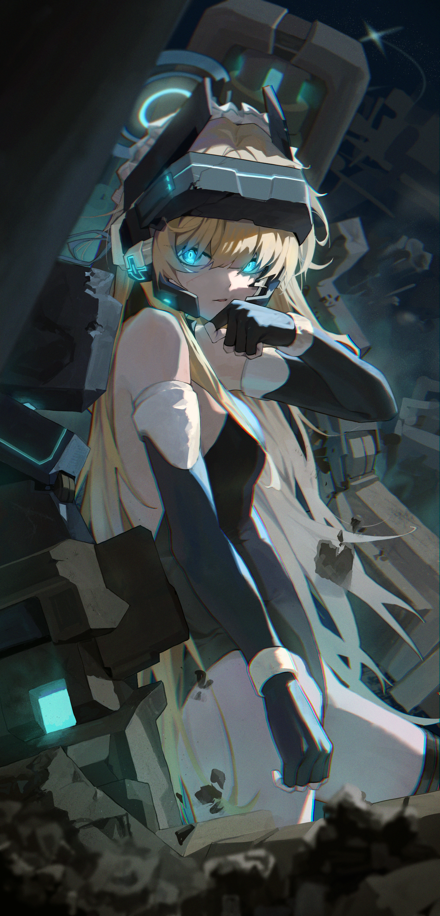 mingyueqf, toki (abi-eshuh) (blue archive), toki (blue archive), blue archive, absurdres, highres, 1girl, black gloves, black leotard, blonde hair, blue eyes, blue halo, blue ribbon, cuts, dutch angle, elbow gloves, exoskeleton, fingerless gloves, gloves, glowing, glowing eyes, hair ribbon, halo, head-mounted display, injury, leotard, long hair, looking at viewer, maid headdress, mechanical arms, parted lips, ribbon, science fiction, solo, very long hair