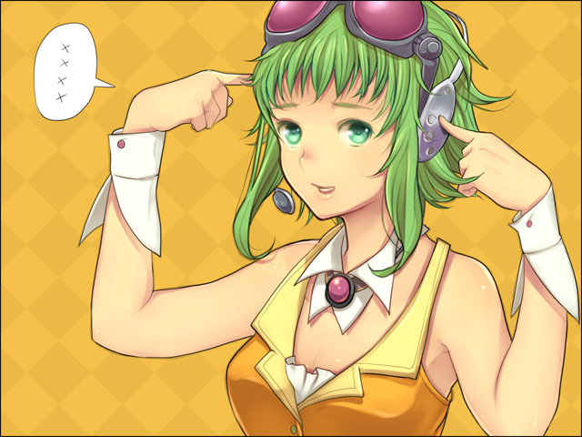 nangou, gumi, vocaloid, 1girl, collar, cuffs, detached collar, female focus, goggles, green eyes, green hair, headphones, matching hair/eyes, short hair, solo, wrist cuffs