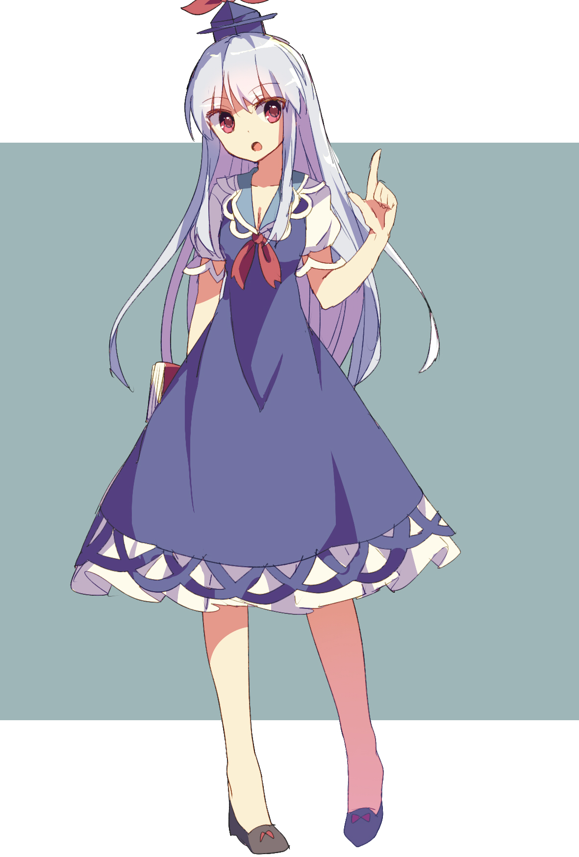 busujima (kusahana), kamishirasawa keine, touhou, commentary, highres, 1girl, :o, bare arms, bare legs, blue dress, blue hat, book, breasts, cleavage, collarbone, dress, fingernails, full body, grey hair, hat, holding, holding book, index finger raised, letterboxed, long hair, mini hat, one-hour drawing challenge, red eyes, short sleeves, simple background, solo, straight hair, very long hair