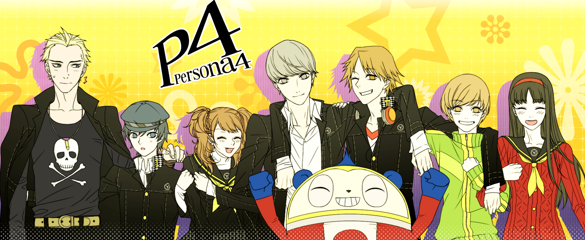 amagi yukiko, hanamura yousuke, kujikawa rise, kuma (persona 4), narukami yu, satonaka chie, shirogane naoto, tatsumi kanji, atlus, persona, persona 4, highres, 3boys, 4girls, blue eyes, blue hair, brown eyes, brown hair, multiple boys, multiple girls