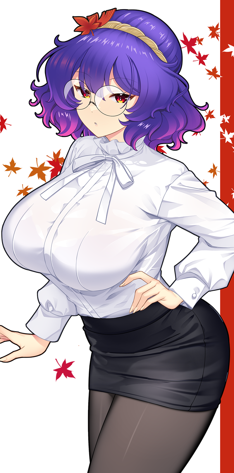 hataraki kuma, yasaka kanako, touhou, highres, 1girl, black pantyhose, black skirt, breasts, chinese zodiac, cleavage, curvy, glasses, hand on own hip, large breasts, leaf, leaf print, long sleeves, looking at viewer, maple leaf, maple leaf print, office lady, pantyhose, parted lips, pencil skirt, plump, print background, purple hair, red eyes, round eyewear, shirt, skirt, solo, thighs, white shirt, year of the snake