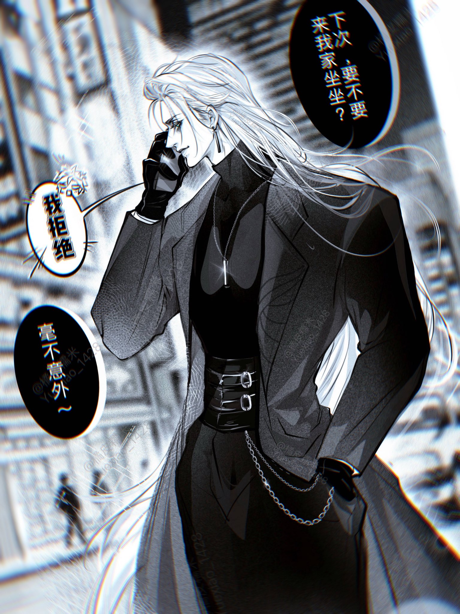 yuexiao, cloud strife, sephiroth, dissidia duellum final fantasy, dissidia final fantasy, final fantasy, final fantasy vii, highres, 2boys, belt, black coat, black gloves, black pants, black sweater, blurry, blurry background, chibi, chibi inset, city, coat, cowboy shot, earrings, gloves, greyscale, holding, holding phone, jewelry, long coat, long hair, male focus, monochrome, multiple belts, multiple boys, necklace, official alternate costume, pants, phone, solo focus, sweater, talking on phone, turtleneck, turtleneck sweater