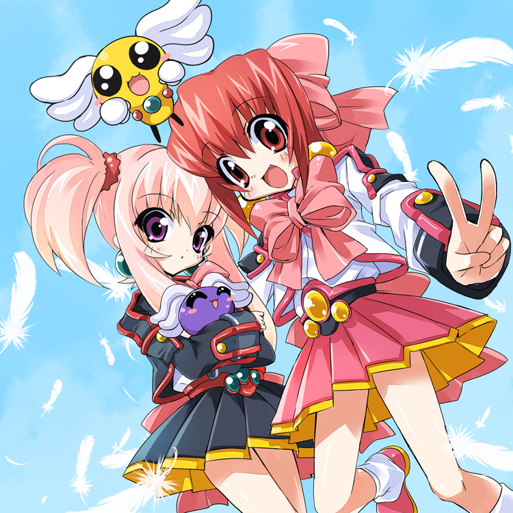 paco, densuke (akihabara dennou gumi), hanakoganei hibari, ootorii tsubame, petit ange, akihabara dennou gumi, 1990s (style), 2girls, bow, fang, feathers, from below, long hair, multiple girls, pink bow, pink hair, purple eyes, red eyes, red hair, school uniform, twintails, v