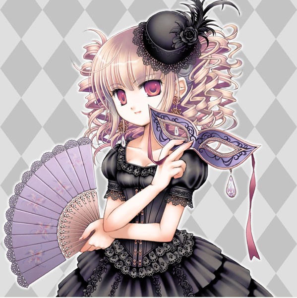plastic moon, blonde hair, curly hair, dress, drill hair, gothic lolita, hand fan, hat, lolita fashion, mask, pink eyes, solo
