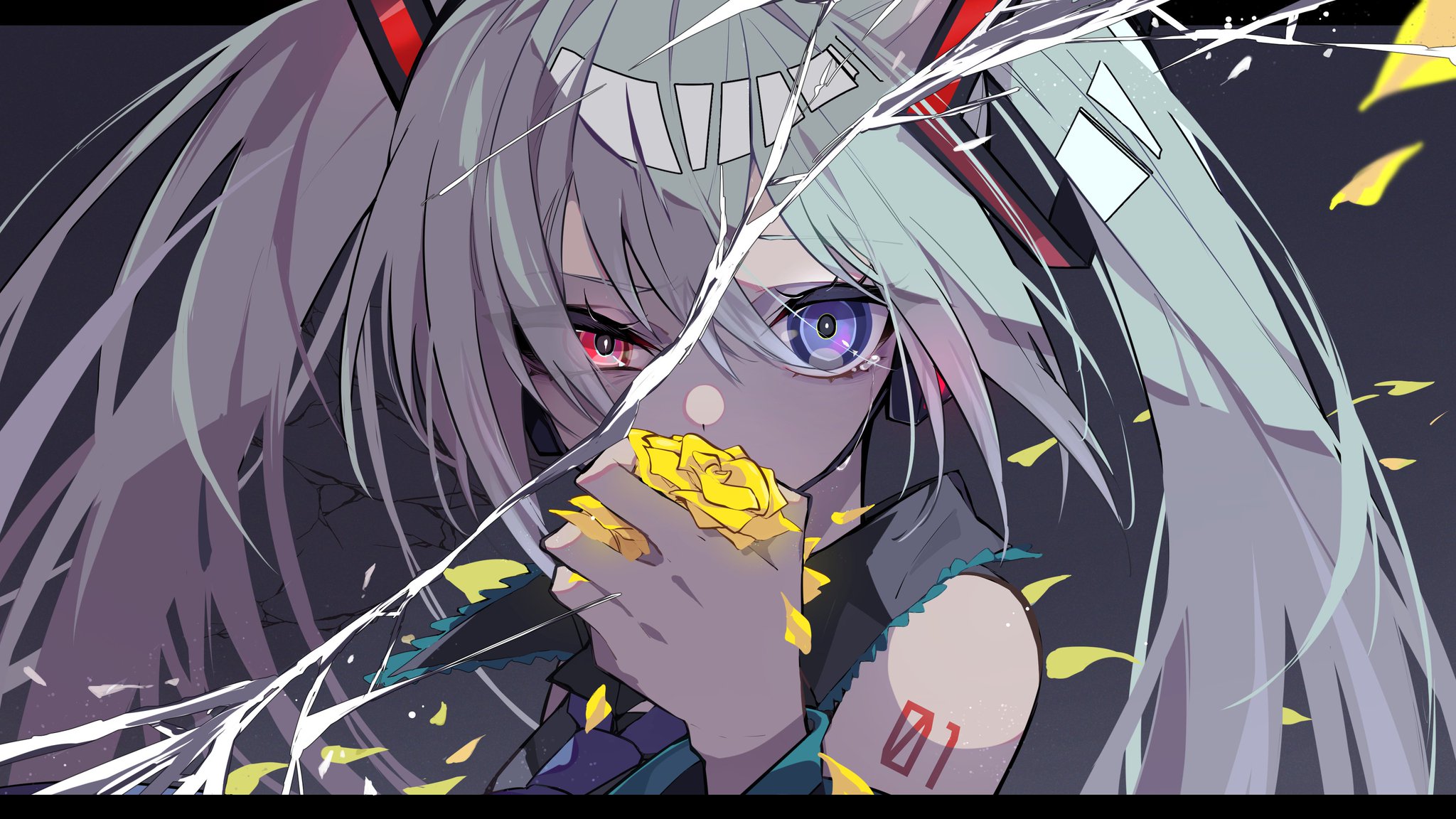 nekoma hikaru, hatsune miku, vocaloid, commentary request, highres, 1girl, blue eyes, blue necktie, collared shirt, cracked screen, detached sleeves, eyelashes, flower, grey background, hair between eyes, heterochromia, holding, holding flower, long hair, looking at viewer, necktie, petals, red eyes, shirt, shoulder tattoo, solo, tattoo, tears, twintails, upper body, yellow flower