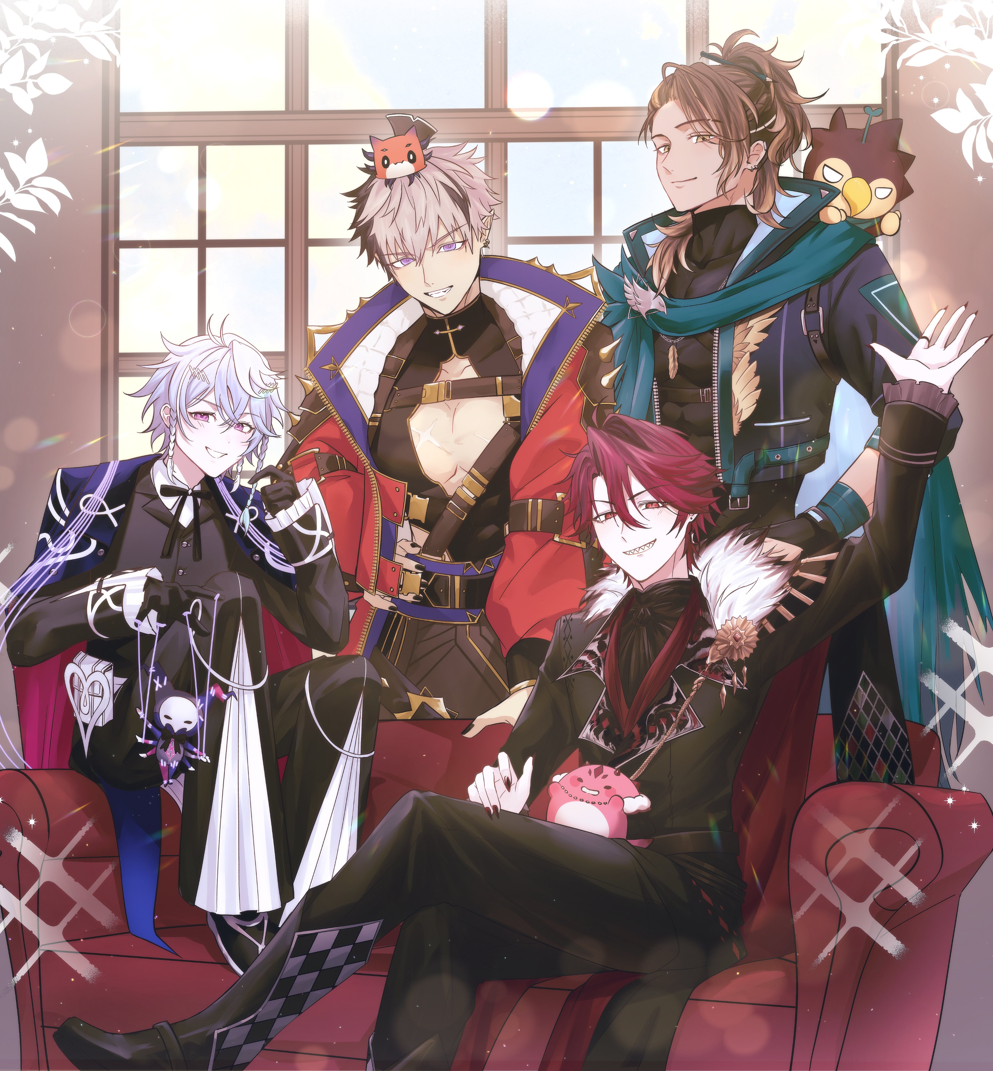 saaki haruno, crimzon ruze, goldbullet, jurard t rexford, octavio, holostars, holostars english, absurdres, highres, 4boys, animal, animal on shoulder, belt, bird, bird on shoulder, black bow, black bowtie, black gloves, black jacket, black pants, black shirt, bow, bowtie, braid, brown hair, bubby (goldbullet), cape, chest belt, cleavage cutout, clothing cutout, coat, coat on shoulders, collared jacket, compression shirt, couch, creature, creature on head, creature on lap, crossed legs, ear piercing, earrings, frilled pants, frilled sleeves, frills, fur-trimmed jacket, fur trim, gloves, green cape, green scarf, grin, hand on own hip, high collar, holoarmis, indoors, jacket, jewelry, large pectorals, lens flare, light particles, long hair, male focus, multicolored hair, multiple belts, multiple boys, multiple braids, necklace, on couch, pants, pectoral cleavage, pectorals, pencil in hair, piercing, pink eyes, ponytail, poppet (octavio), puppet strings, purple eyes, red coat, red eyes, red hair, ruzader (crimzon ruze), scarf, sharp teeth, shirt, short hair, sitting, smile, sorawrity (jurard t rexford), sprout, sprout on head, teeth, tri braids, two-tone hair, virtual youtuber, waving, waving arm, white hair, window