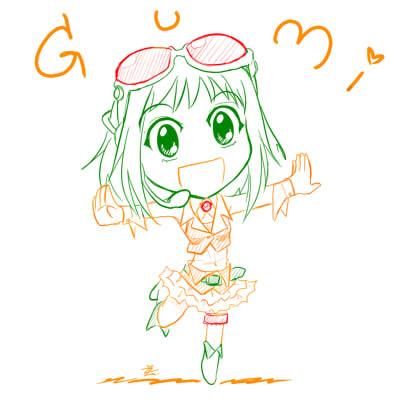 gumi, vocaloid, lowres, 1girl, :d, chibi, female focus, goggles, green eyes, open mouth, outstretched arms, simple background, sketch, smile, solo, spread arms, white background