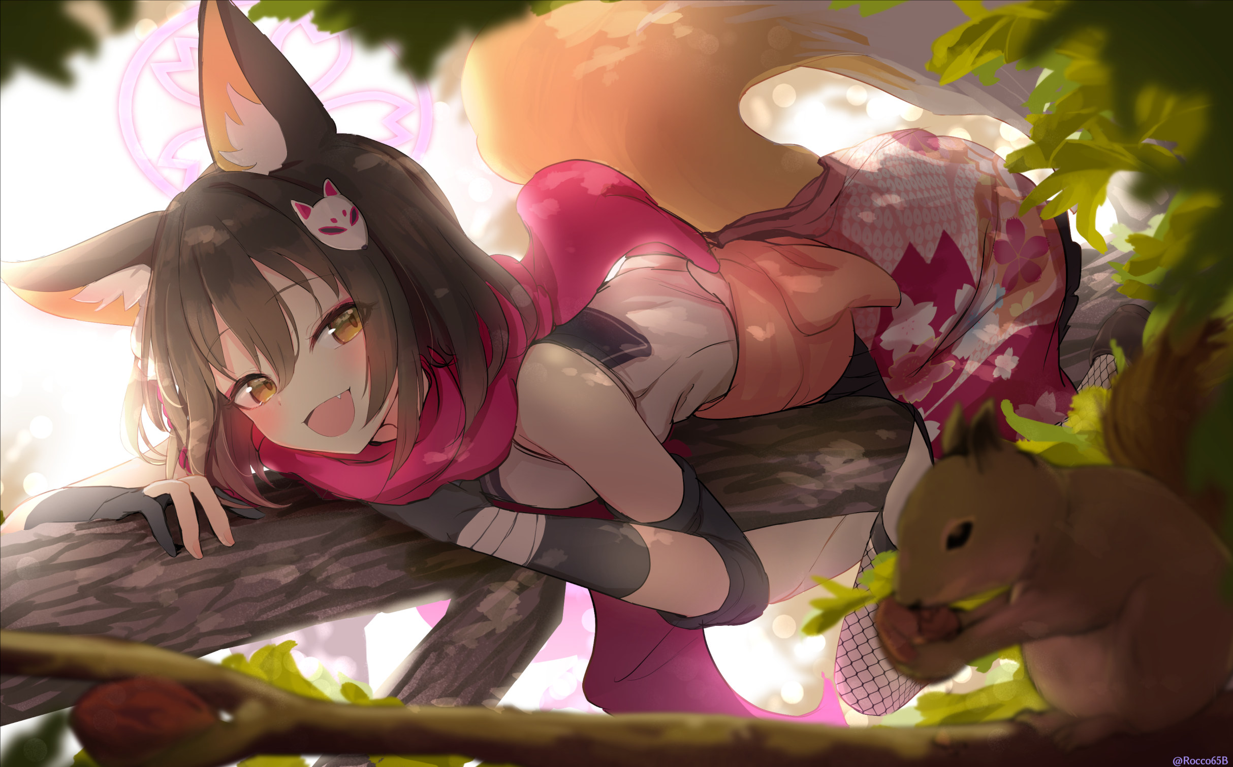 sakurano rocco, izuna (blue archive), blue archive, commentary, commentary request, highres, 1girl, :d, animal ears, blush, brown hair, clothes around waist, fang, fishnet thighhighs, fishnets, fox ears, fox girl, fox hair ornament, fox tail, gloves, hair between eyes, hair ornament, halo, in tree, japanese clothes, leaf, looking at viewer, lying, open mouth, outdoors, pink halo, scarf, skirt, smile, solo, squirrel, tail, thighhighs, tree, yellow eyes