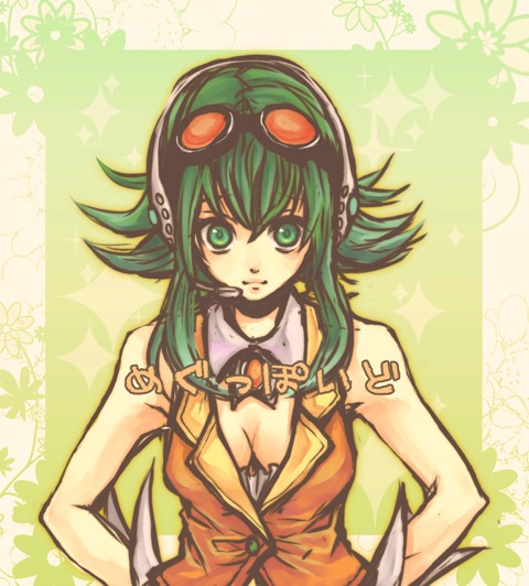nanase shie, gumi, vocaloid, bad id, bad pixiv id, 1girl, breasts, cleavage, female focus, goggles, green eyes, green hair, hands on own hips, headphones, matching hair/eyes, short hair, solo