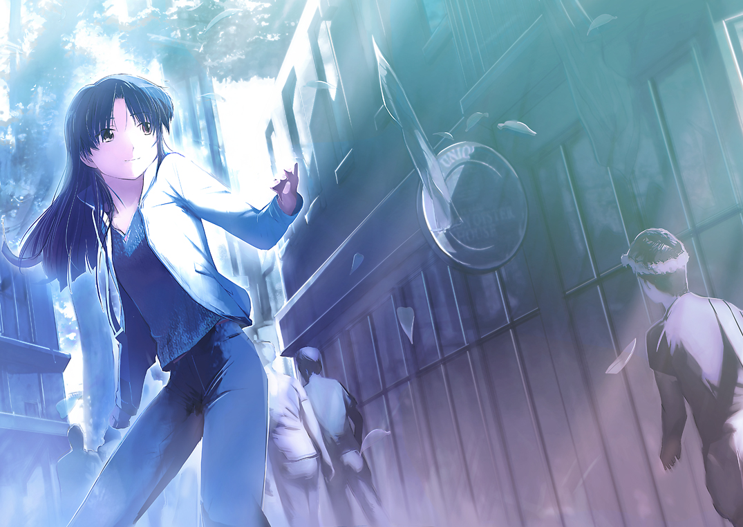 misagi nagu, kisaragi chihaya, idolmaster, idolmaster (classic), 00s, blue hair, brown eyes, denim, dutch angle, jeans, long hair, pants, petals, road, solo, street