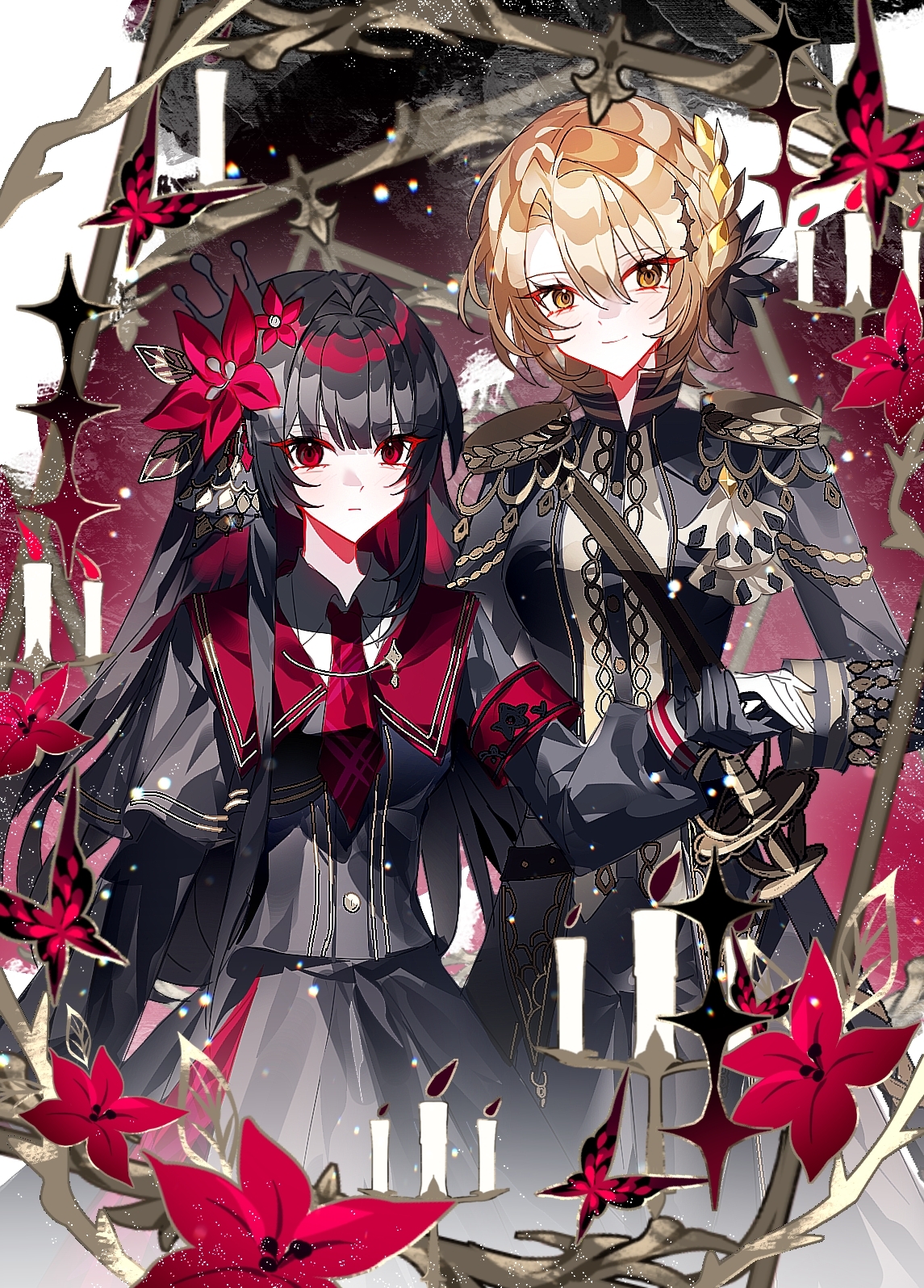 hasumi leia, nikaido hiro, mahou shoujo no majo saiban, artist request, chinese commentary, commentary request, commission, highres, second-party source, 2girls, armband, black capelet, black gloves, black hair, black jacket, blonde hair, candle, candlestand, capelet, closed mouth, cowboy shot, epaulettes, flower, gloves, hair between eyes, hair flower, hair ornament, holding hands, jacket, long hair, long sleeves, looking at viewer, multiple girls, necktie, red armband, red eyes, red flower, red necktie, sash, short hair, shoulder sash, smile, standing, thorns, yellow eyes