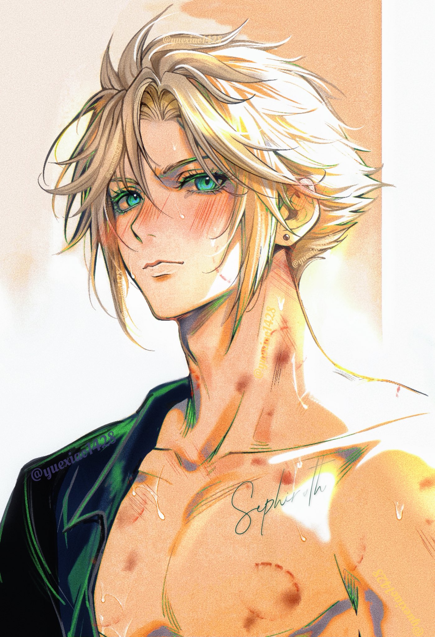 yuexiao, cloud strife, sephiroth, final fantasy, final fantasy vii, highres, 1boy, aqua eyes, bite mark, bite mark on chest, bite mark on neck, black shirt, blonde hair, blush, character name, closed mouth, collared shirt, earrings, furrowed brow, hair between eyes, jewelry, looking at viewer, male focus, messy hair, shirt, shirt partially removed, short hair, single earring, solo, twitter username, upper body, yaoi