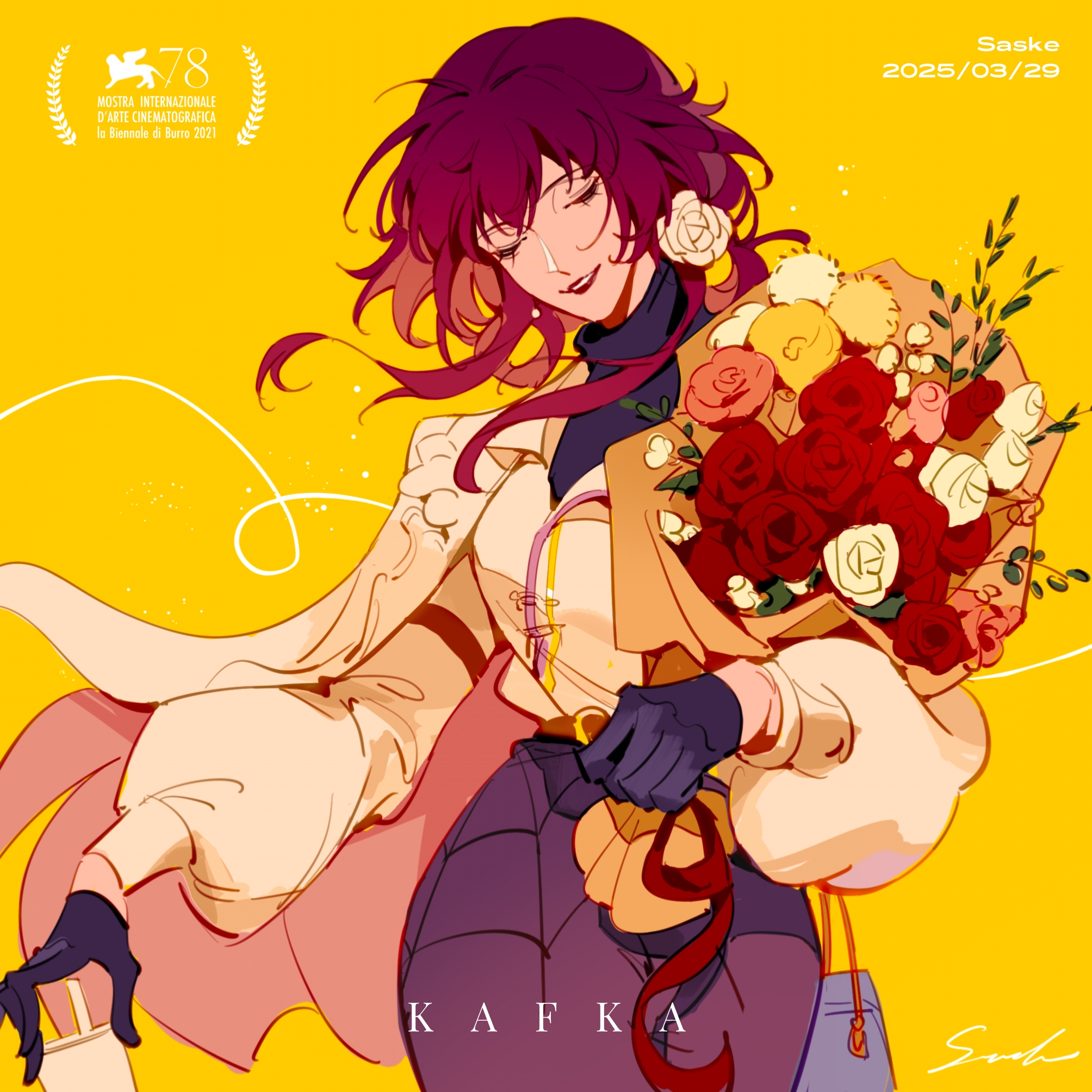 saskeboom, kafka (good me) (honkai: star rail), kafka (honkai: star rail), honkai: star rail, honkai (series), commentary, hashtag-only commentary, highres, symbol-only commentary, 1girl, alternate costume, bag, bouquet, closed eyes, coat, cup, flower, gloves, hair flower, hair ornament, puffy sleeves, purple hair, rose, smile, turtleneck, yellow background