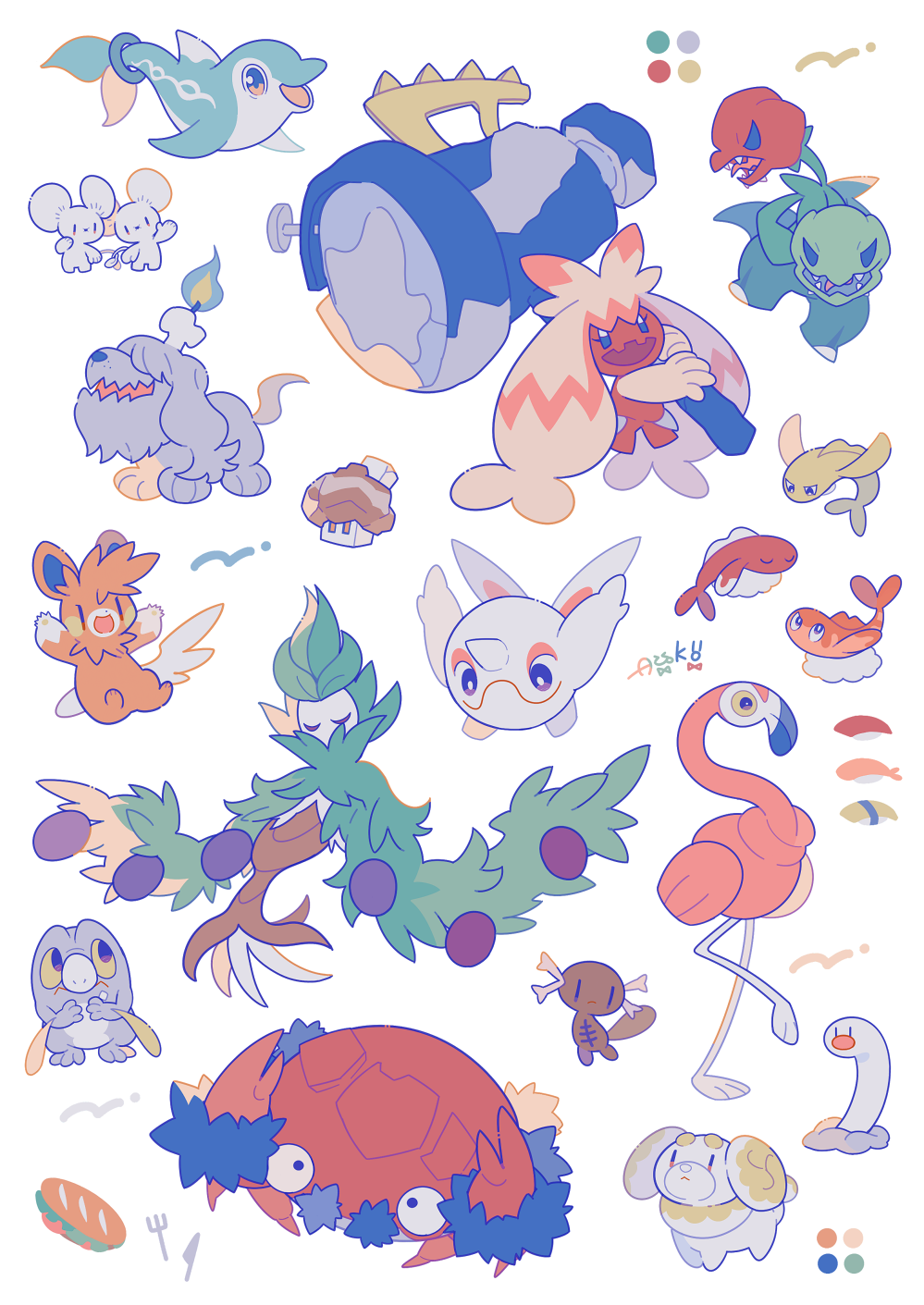 auko, cetoddle, fidough, finizen, flamigo, frigibax, greavard, klawf, nacli, paldean wooper, pawmot, scovillain, tandemaus, tatsugiri, tatsugiri (curly), tatsugiri (droopy), tatsugiri (stretchy), tinkaton, wiglett, nintendo, pokemon, commentary request, highres, arms up, closed eyes, closed mouth, color guide, dog, dolphin, eyelashes, fire, flat color, food, fork, full body, hair over eyes, hammer, holding, holding hammer, horns, knife, mouse (animal), multiple heads, no humans, nostrils, open mouth, pokemon (creature), pokemon focus, sandwich, sharp teeth, simple background, single horn, smile, standing, standing on one leg, sushi, teeth, tongue, v-shaped eyes, white background, | |