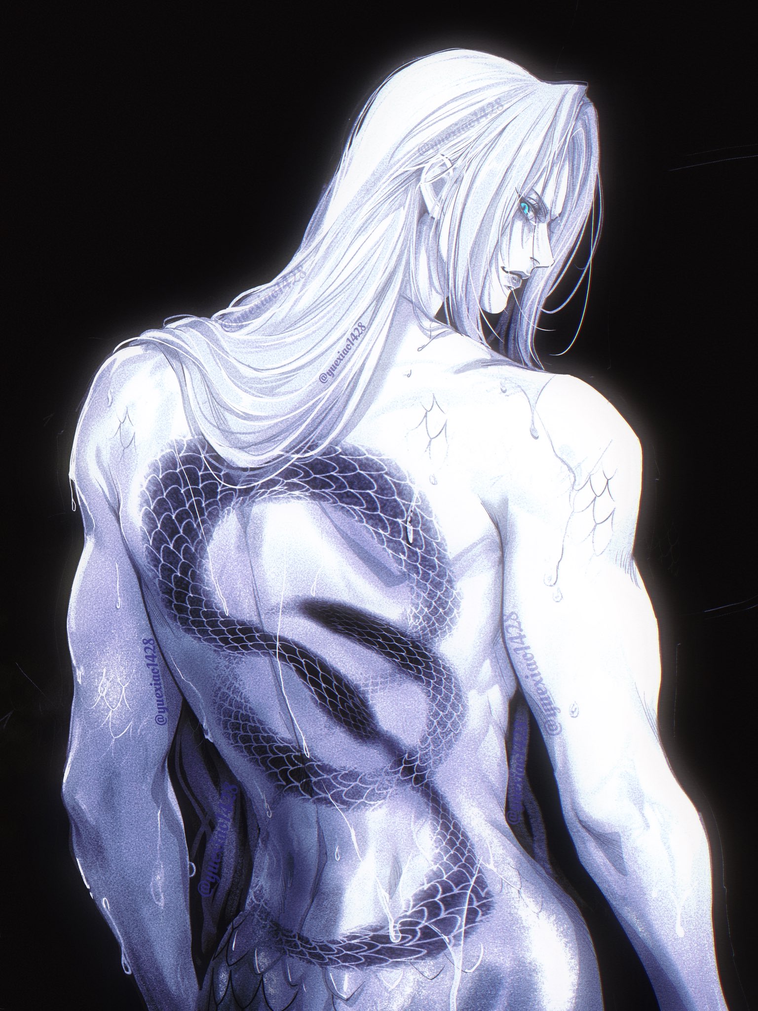 yuexiao, sephiroth, final fantasy, final fantasy vii, hashtag-only commentary, highres, 1boy, aqua eyes, back tattoo, black background, hair over shoulder, long hair, looking at viewer, male focus, nude, parted bangs, snake print, snake tattoo, solo, tattoo, twitter username, upper body, wet, white hair