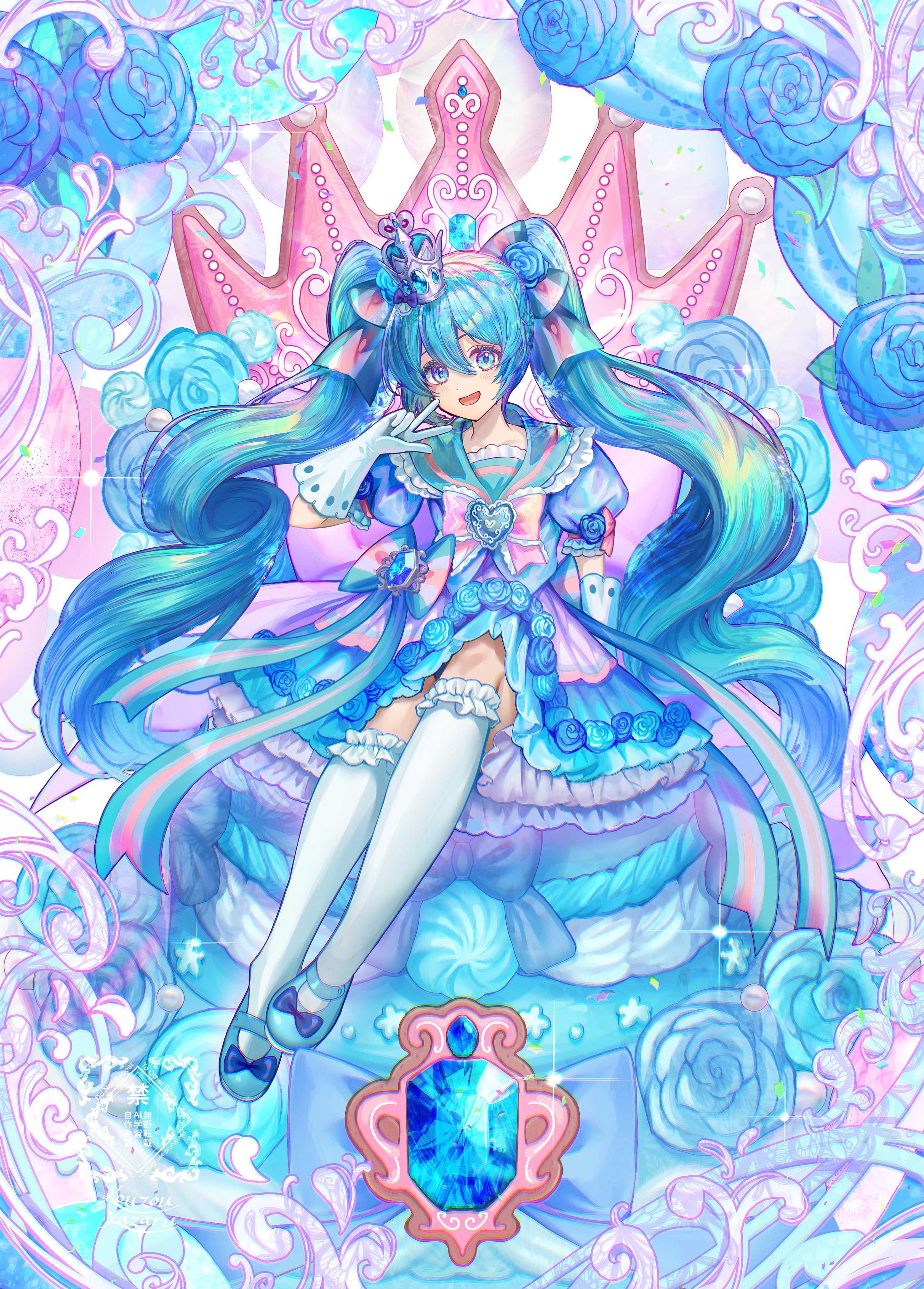 kozou kazaru, hatsune miku, vocaloid, absurdres, highres, 1girl, absurdly long hair, aqua shoes, blue eyes, blue flower, blue hair, blue rose, bow, crown, flower, gloves, hair between eyes, hair bow, hair ornament, kneehighs, long hair, mini crown, open mouth, puffy short sleeves, puffy sleeves, rose, shoes, short sleeves, smile, socks, solo, twintails, very long hair, white gloves, white socks