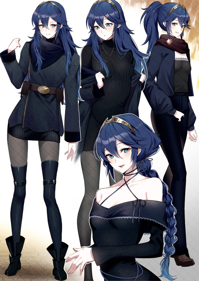 ameno (a meno0), lucina (fire emblem), fire emblem, fire emblem awakening, nintendo, 1girl, :d, alternate costume, alternate hairstyle, bare shoulders, black dress, black pants, black shoes, blue eyes, blue hair, braid, braided ponytail, closed mouth, collarbone, contemporary, dress, hair between eyes, long hair, multiple views, open mouth, pants, ponytail, scarf, shoes, smile, tiara, turtleneck, turtleneck dress