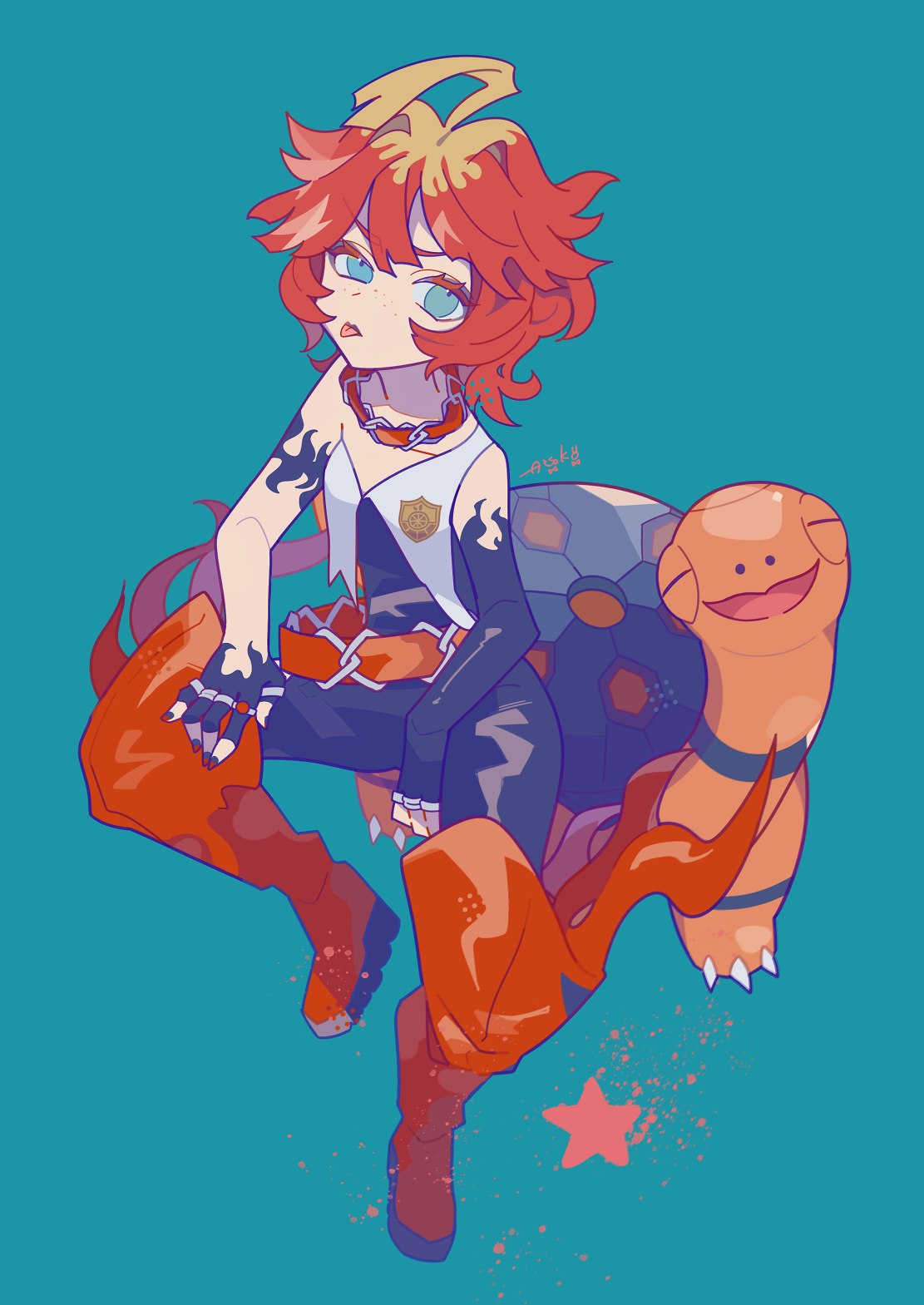 auko, mela (pokemon), torkoal, nintendo, pokemon, pokemon sv, highres, 1girl, ahoge, bare shoulders, belt, black bodysuit, black gloves, blonde hair, bodysuit, boots, closed eyes, collar, fiery clothing, fingerless gloves, freckles, gen 3 pokemon, gloves, green eyes, large shoes, looking at viewer, multicolored hair, naranja academy (emblem), orange belt, orange collar, pokemon (creature), red hair, shoes, short hair, team star, two-tone hair