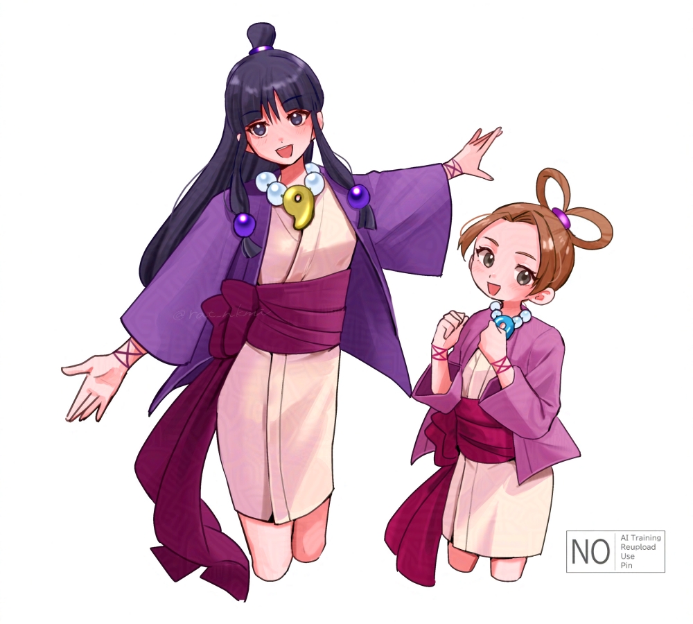 rat nkmi, maya fey, pearl fey, ace attorney, 2girls, black hair, blunt bangs, brown hair, cropped legs, hair ornament, hair rings, half updo, japanese clothes, jewelry, kimono, long hair, magatama, magatama necklace, multiple girls, necklace, open mouth, sash, short hair, short kimono, sidelocks, simple background, smile, sphere hair ornament, topknot, white background