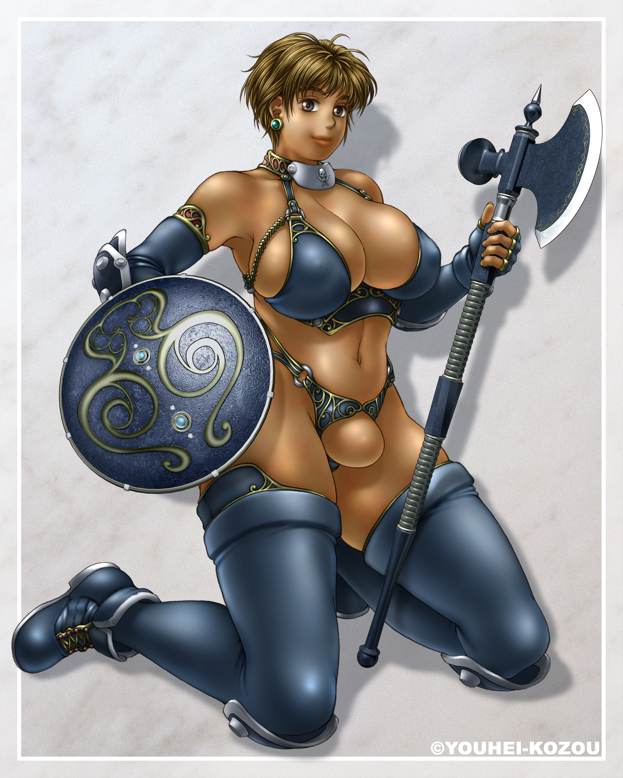 youhei kozou, phaia, spunky knight, absurdres, highres, 1girl, artist name, axe, breasts, earrings, elbow gloves, female focus, fingerless gloves, gloves, huge breasts, jewelry, kneeling, large breasts, revealing clothes, shield, short hair, solo, thighhighs, weapon