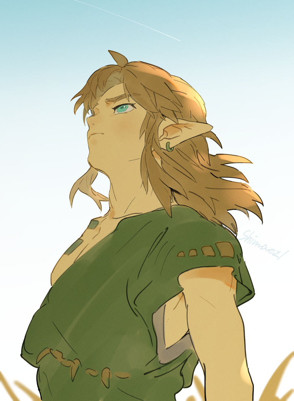 link, nintendo, the legend of zelda, the legend of zelda: tears of the kingdom, commentary request, highres, 1boy, archaic set (zelda), blue eyes, closed mouth, collarbone, contrail, earrings, frown, green shirt, jewelry, long pointy ears, looking up, male focus, medium hair, outdoors, piercing, pointy ears, shimaezl, shirt, short sleeves, single earring, solo
