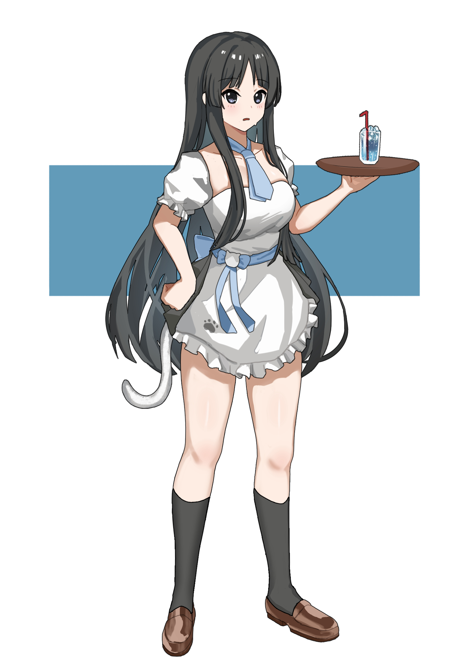 mianbao, akiyama mio, k-on!, commentary, highres, 1girl, back bow, black hair, black socks, blue bow, blue necktie, bow, breasts, brown shoes, cafe, cat tail, cleavage, cup, drinking glass, drinking straw, holding, holding plate, ice, ice cube, long hair, necktie, paw print, plate, puffy short sleeves, puffy sleeves, shoes, short sleeves, socks, sweatdrop, tail, waitress, white background